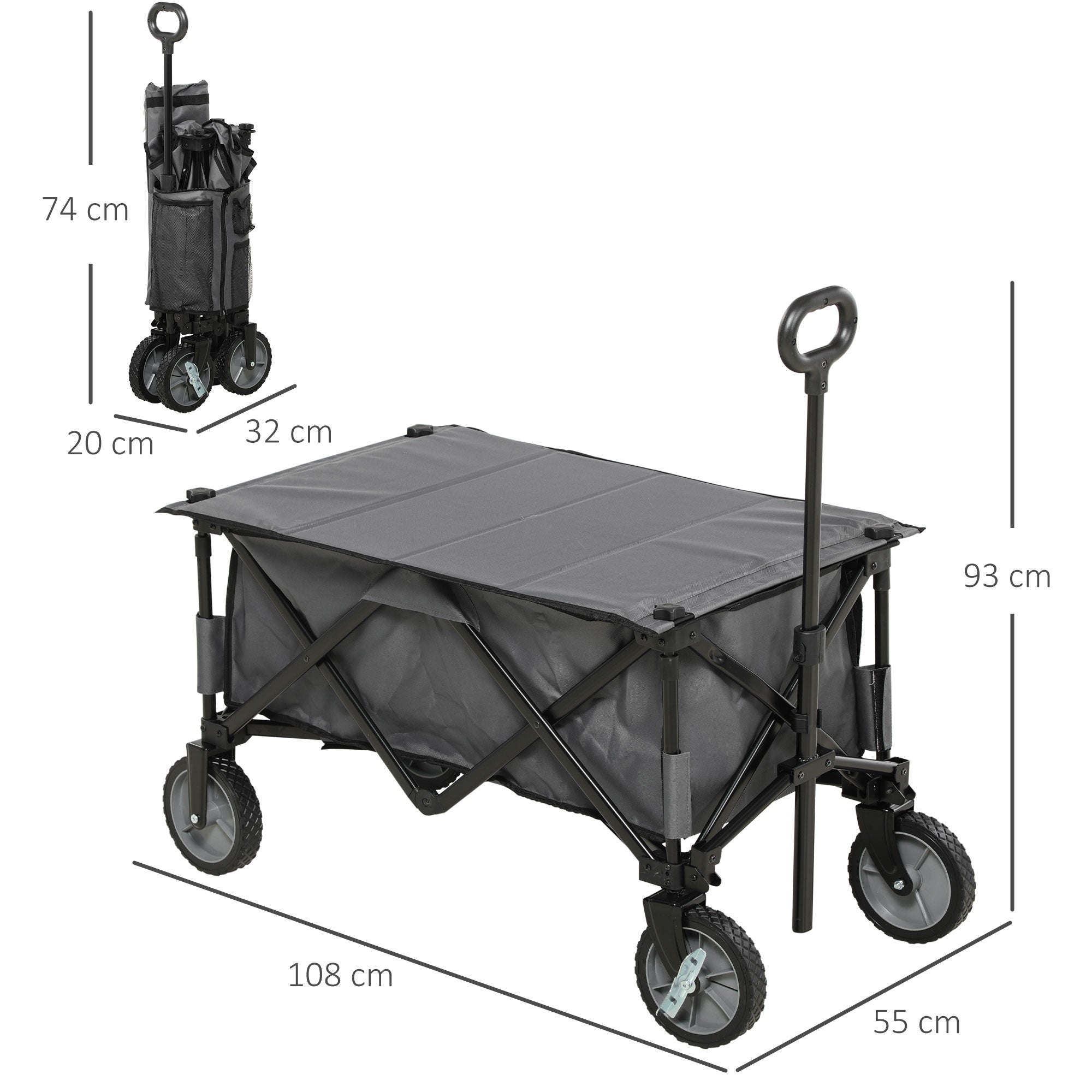Outsunny Bollerwagen, klappbar, 5 Seitentaschen, verstellbarer Griff, bis 120 kg, Stahl, dunkelgrau, 100 x 55 x 93 cm