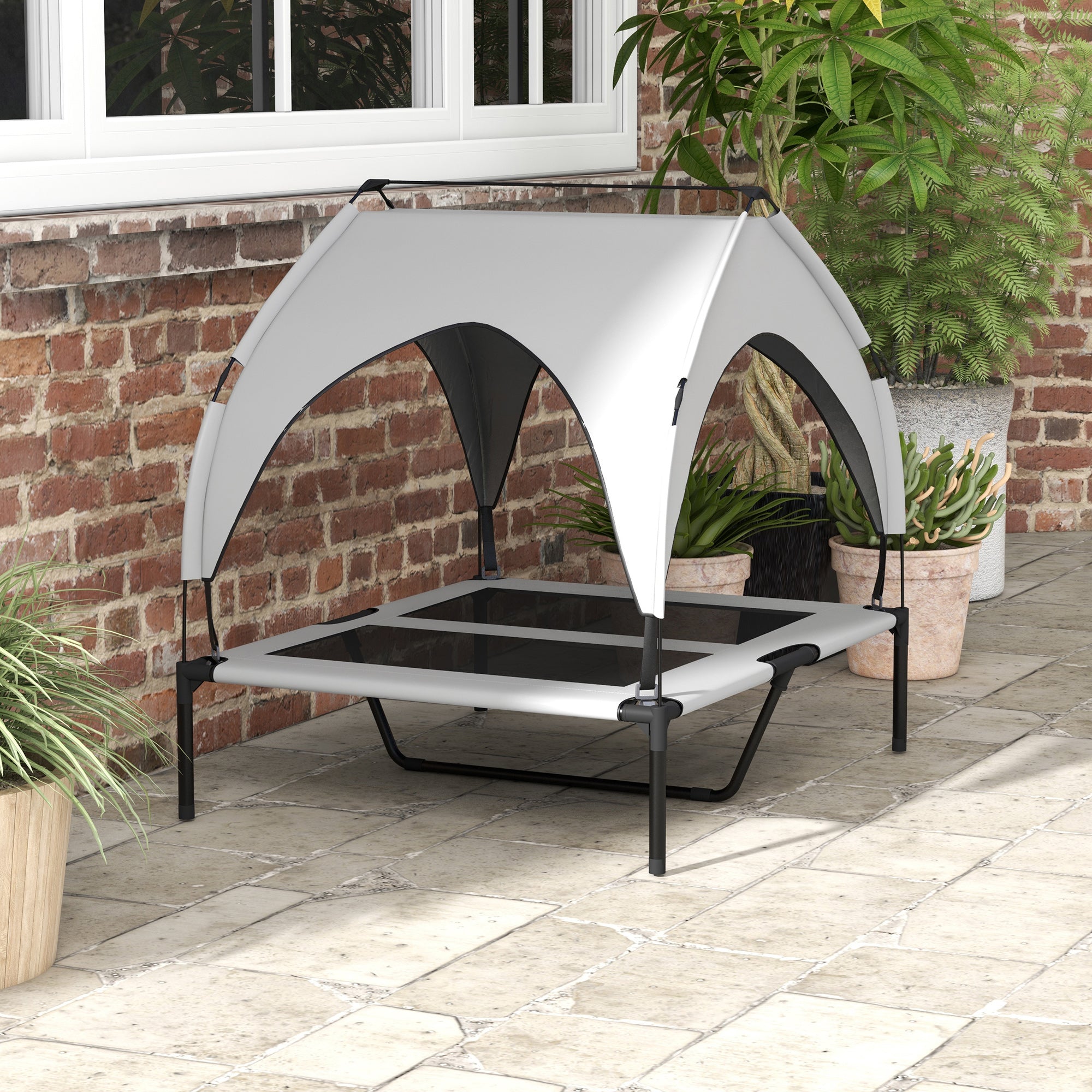 PawHut Hundebett mit Dach, atmungsaktiv, wasserabweisend, bis 30 kg, 91 x 76 x 89 cm, Hellgrau