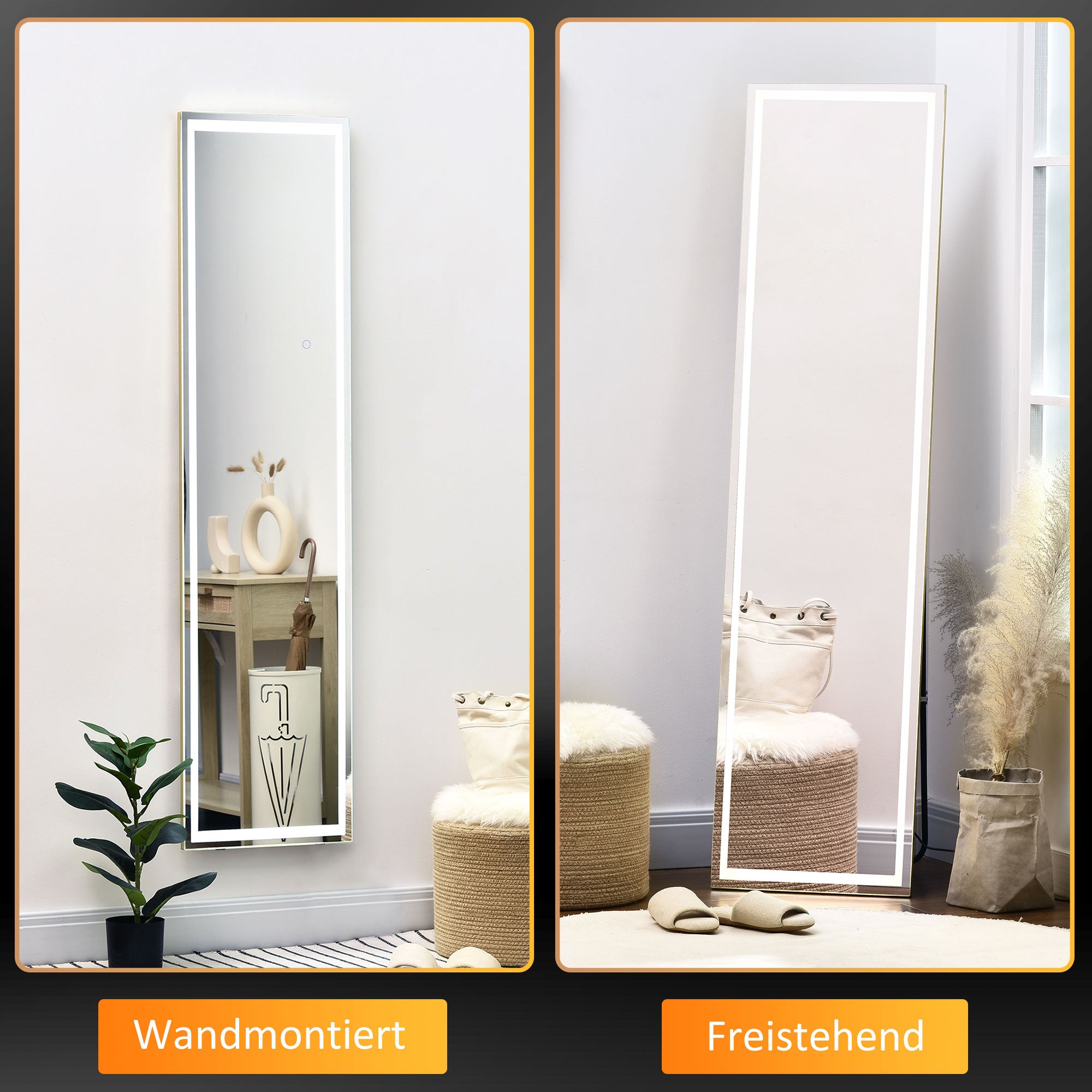 HOMCOM 2 in 1 Ganzkörperspiegel mit LED-Licht, freistehend, wandmontiert, dimmbar, 40 cm x 37 cm x 156,5 cm, Silber