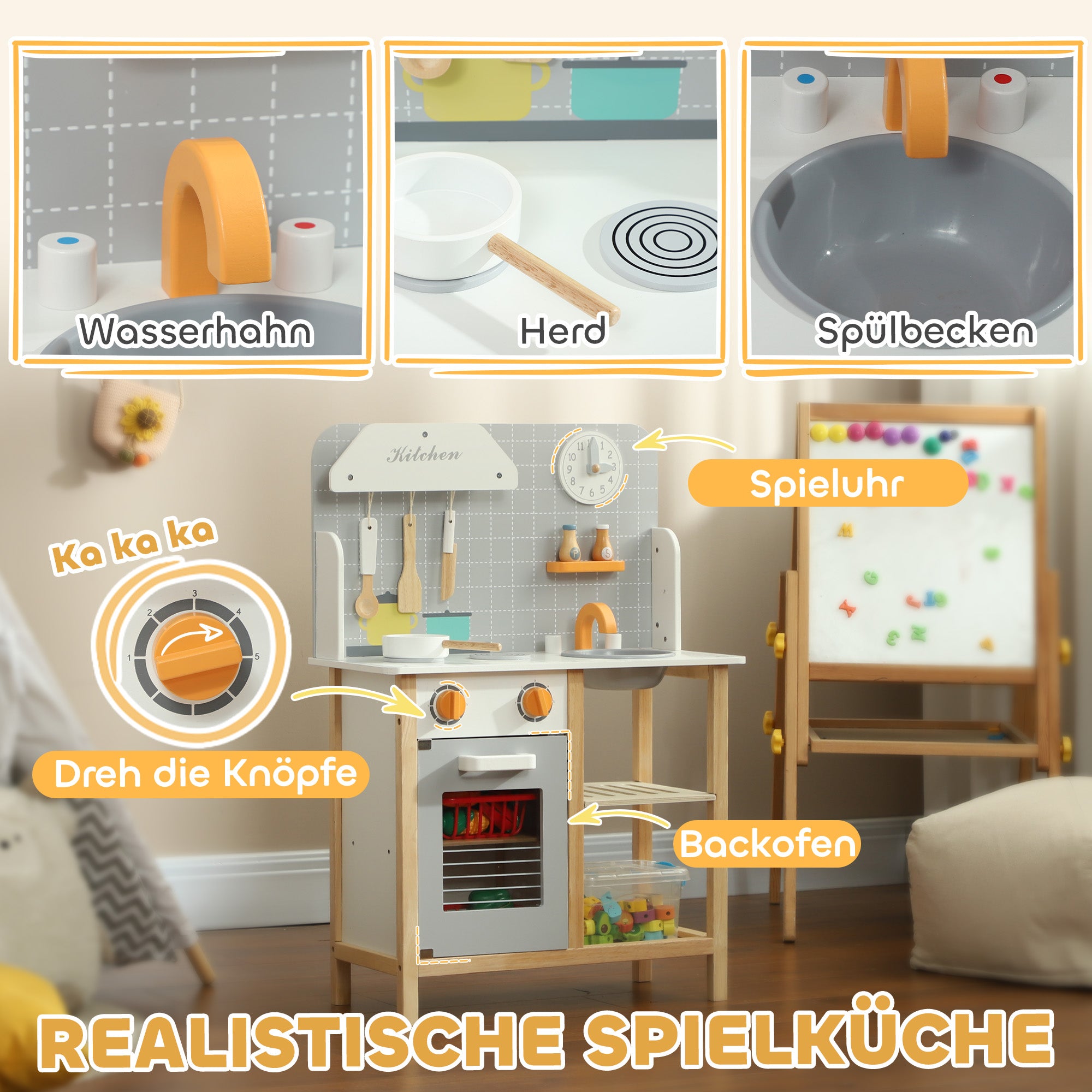 AIYAPLAY Spielküche mit Zubehör, Herd & Ofen, Spüle, Uhr, Ablagen, für 3-6 Jahre, Grau