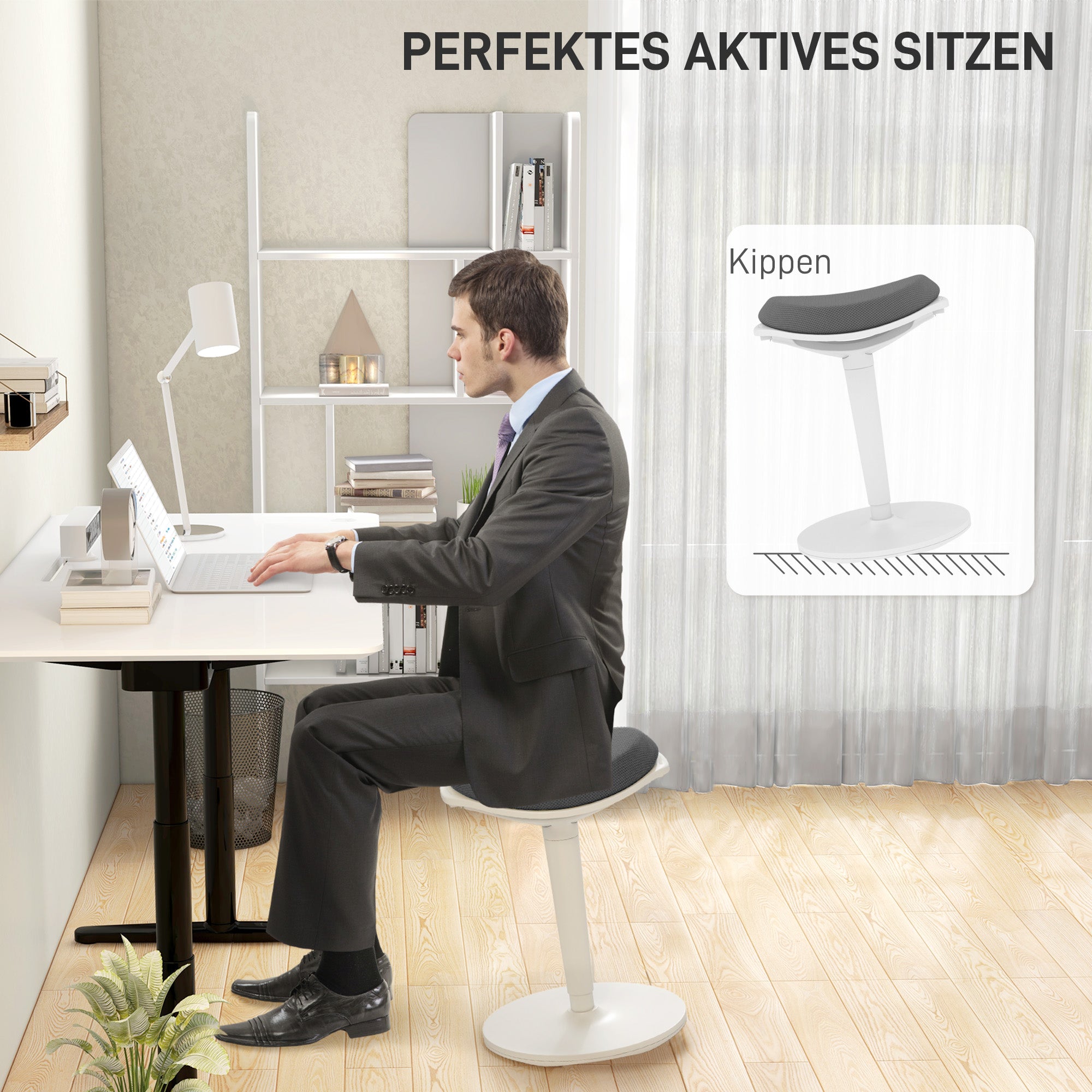 HOMCOM Pendelhocker, ergonomisch, höhenverstellbar, bis 120 kg, 42,5x35,5x56,5-71,5cm, Grau