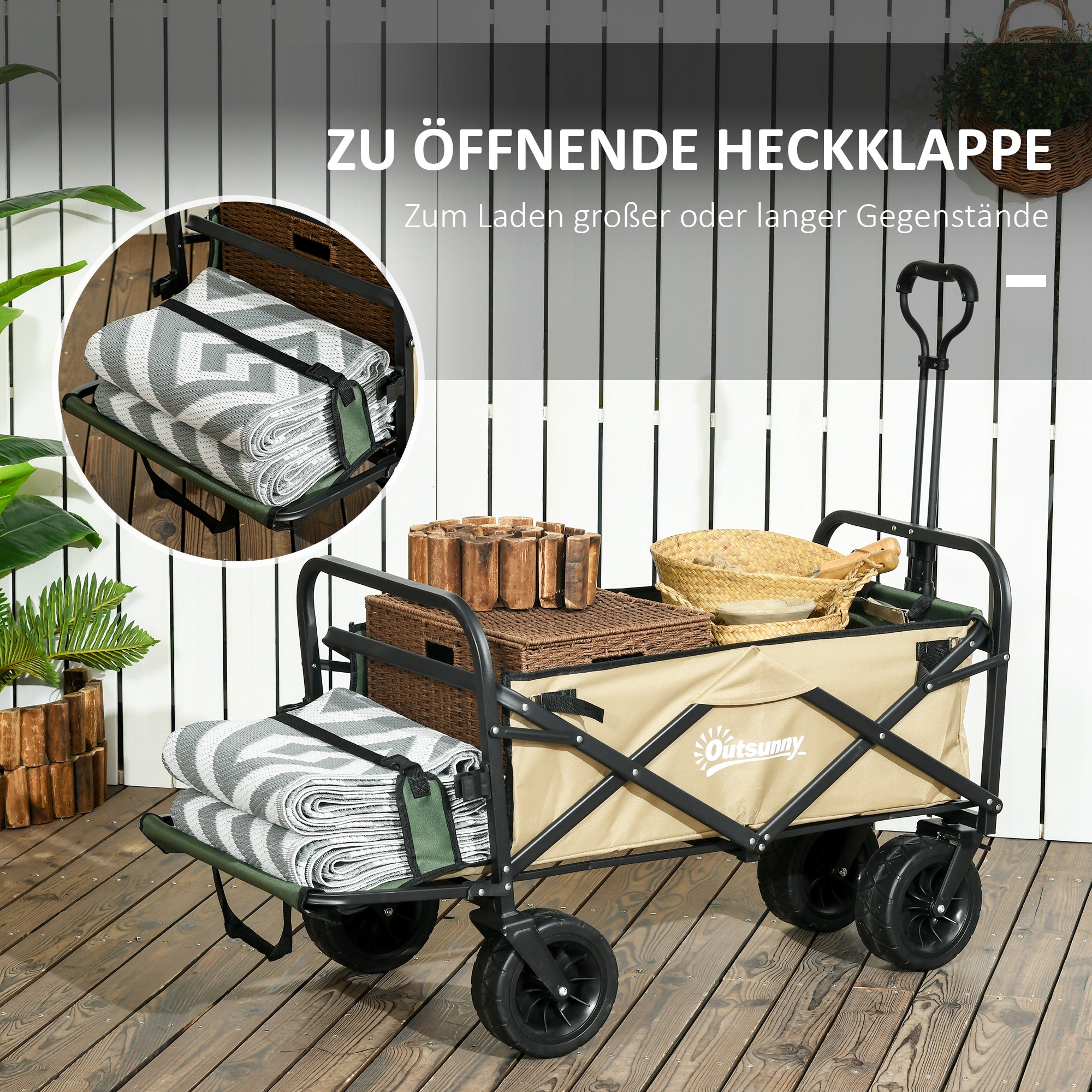 Outsunny Bollerwagen, faltbar, 110 L, bis 100 kg, Teleskopgriff, Stahlrahmen, 94 x 57 x 77-100 cm, Khaki