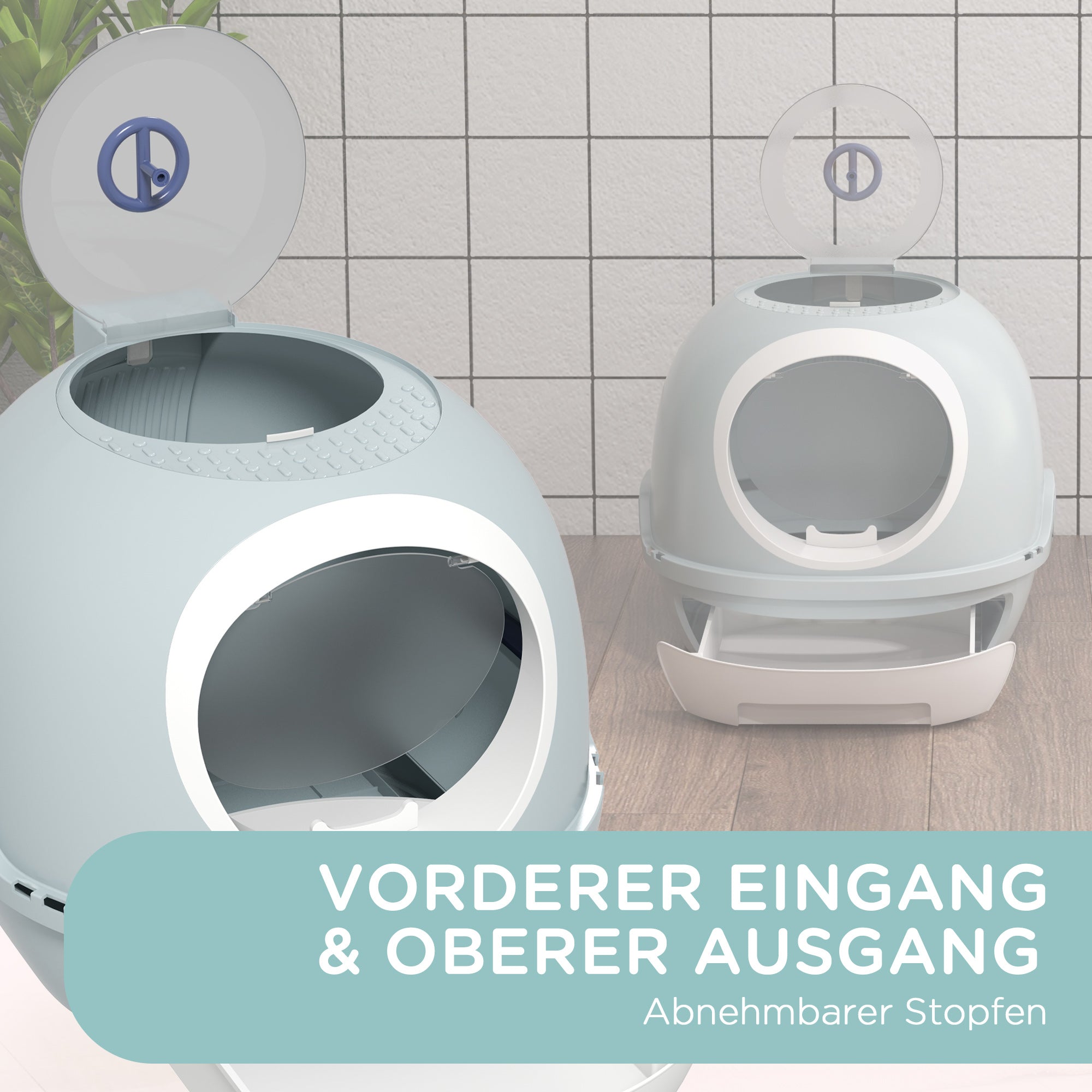PawHut Katzentoilette mit Dachfenster, Katzenklo mit Bodenschale, mit Schaufel, Tragbar, PP ABS, See-Blau, 47 x 55 x 44 cm