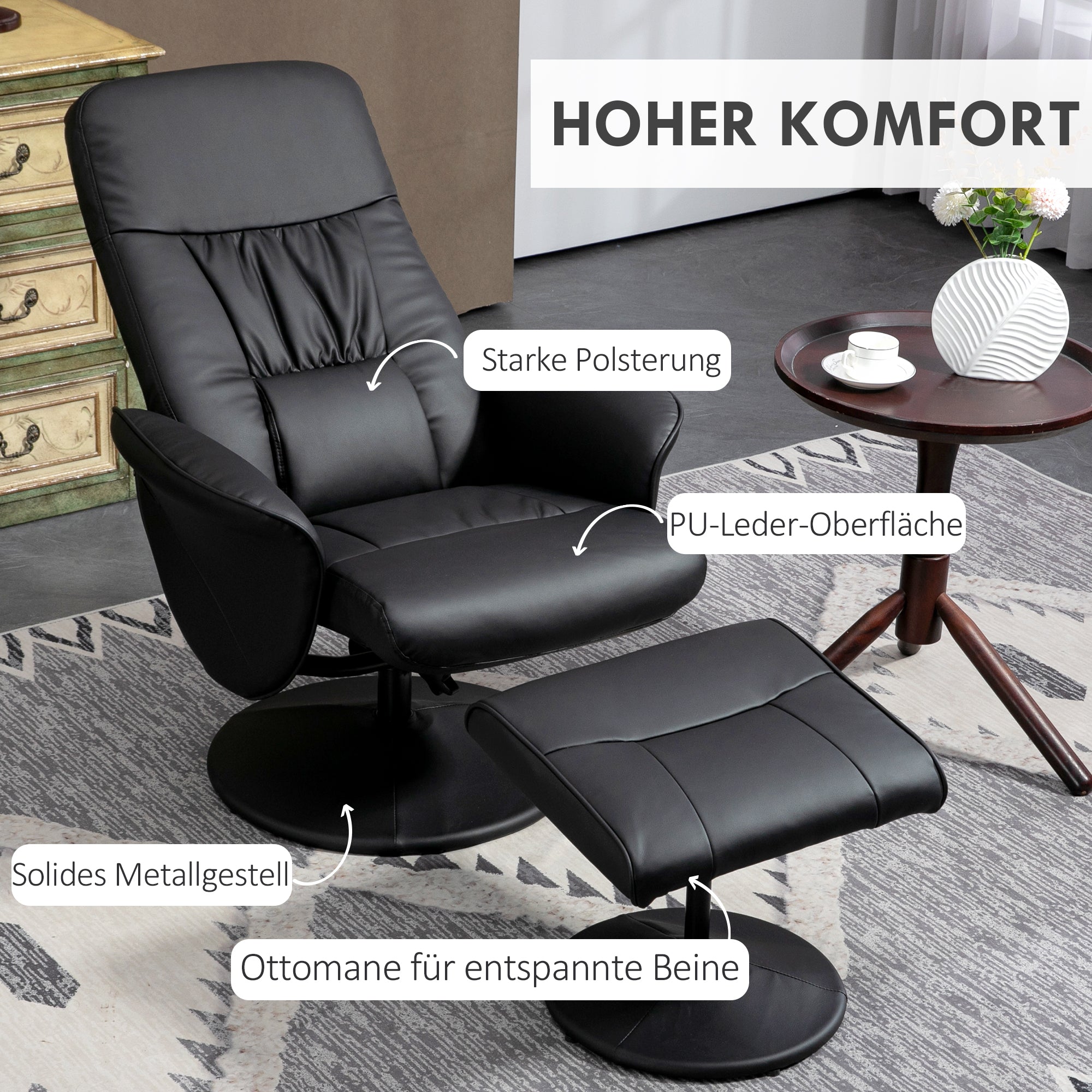 HOMCOM 2-teiliges Sessel-Set Sessel mit Fußhocker Relaxsessel mit Fußhocker, höhenverstellbar, neigbare Rückenlehne, Schwarz