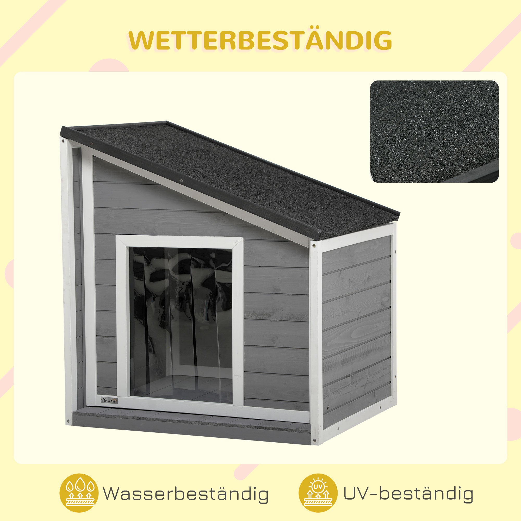 PawHut Hundehütte aus Massivholz, wetterbeständig, Asphaltdach, 71 cm x 58 cm x 77 cm, Grau + Weiß
