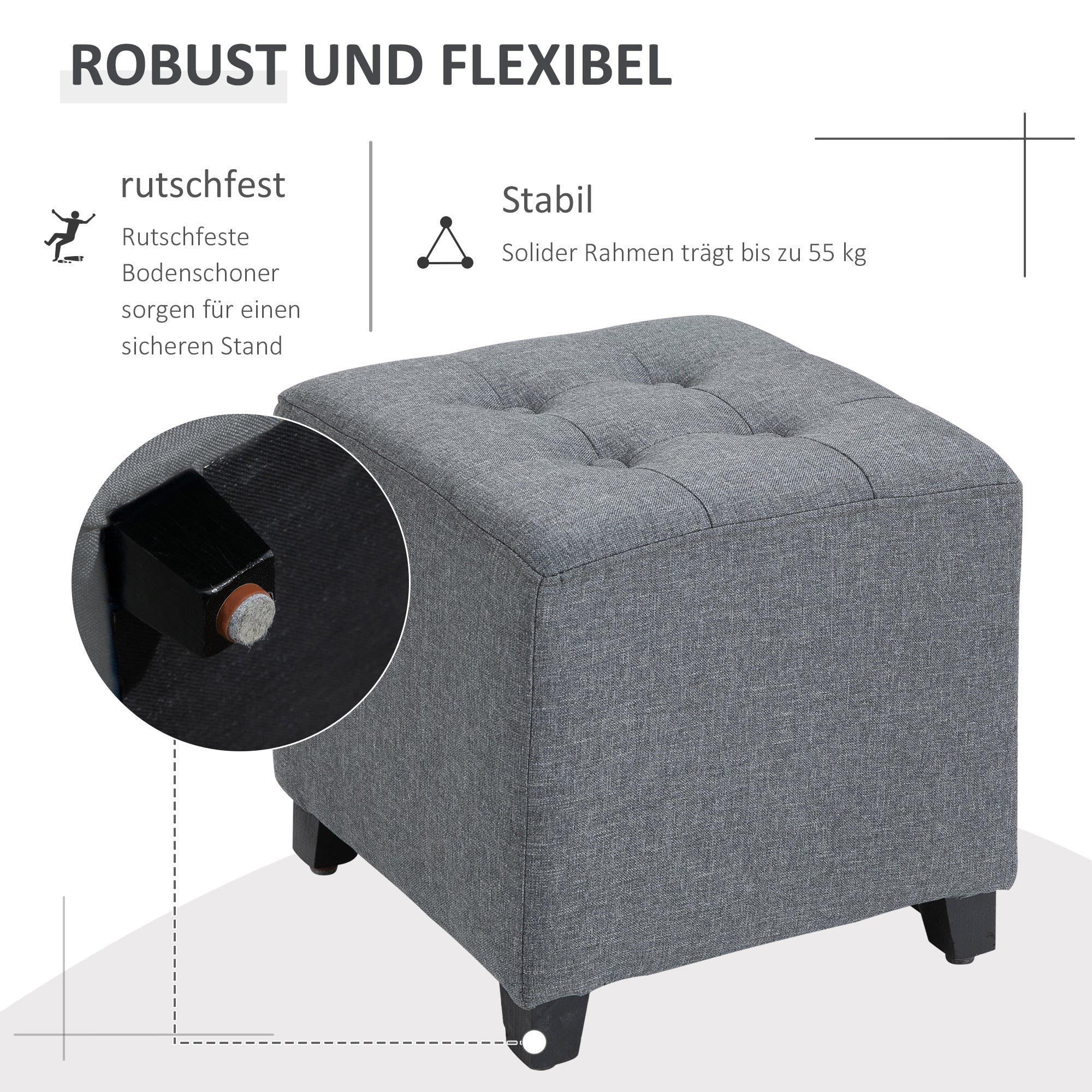 HOMCOM Hocker Sitzhocker, Knopfheftung, Leinenoptik, 35 cm x 35 cm x 35 cm, Grau