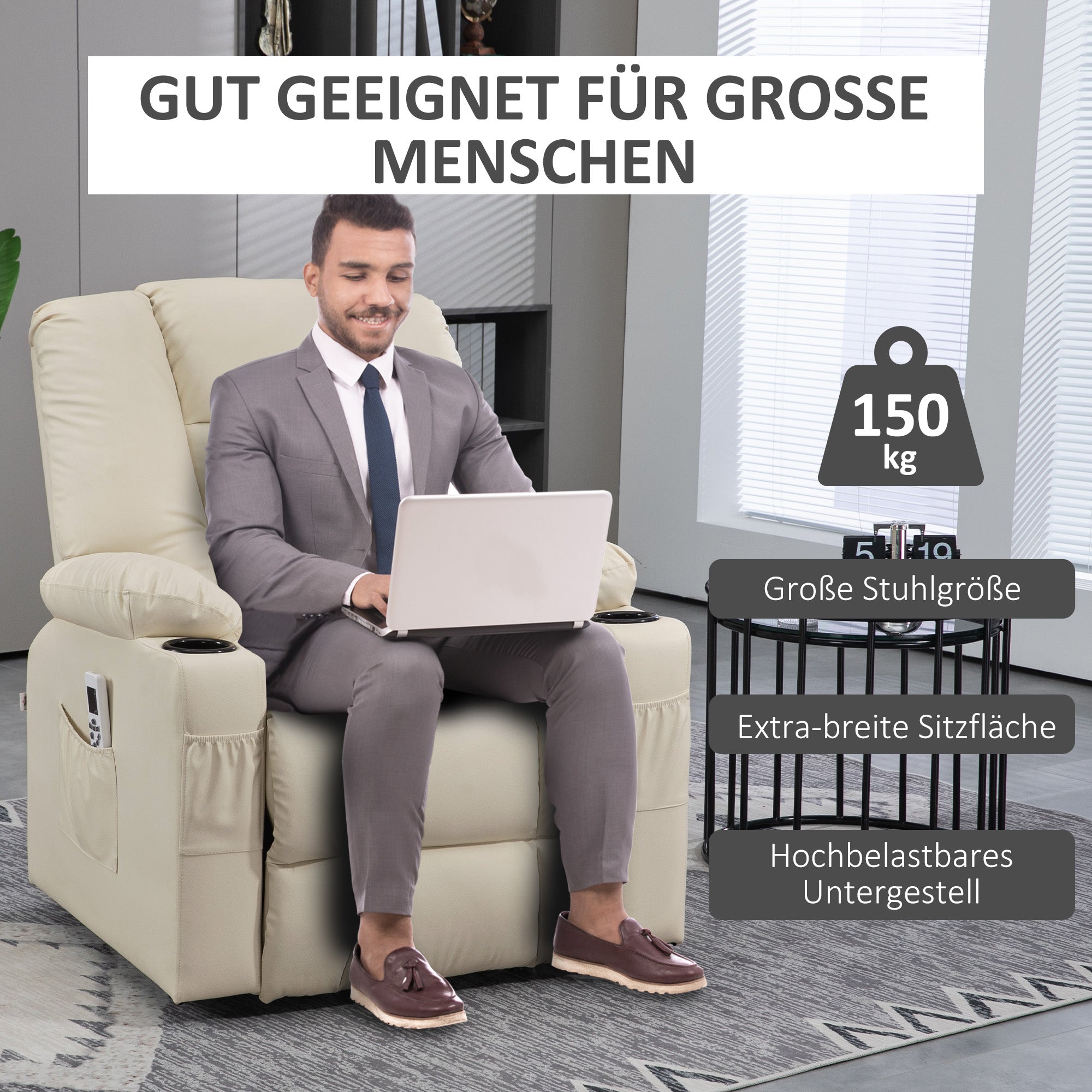 HOMCOM Massagesessel Aufstehhilfe Seniorensessel, inkl. Fernbedienung, 4 Massagemodi, 90  cm x 98 cm x 102 cm, Creme