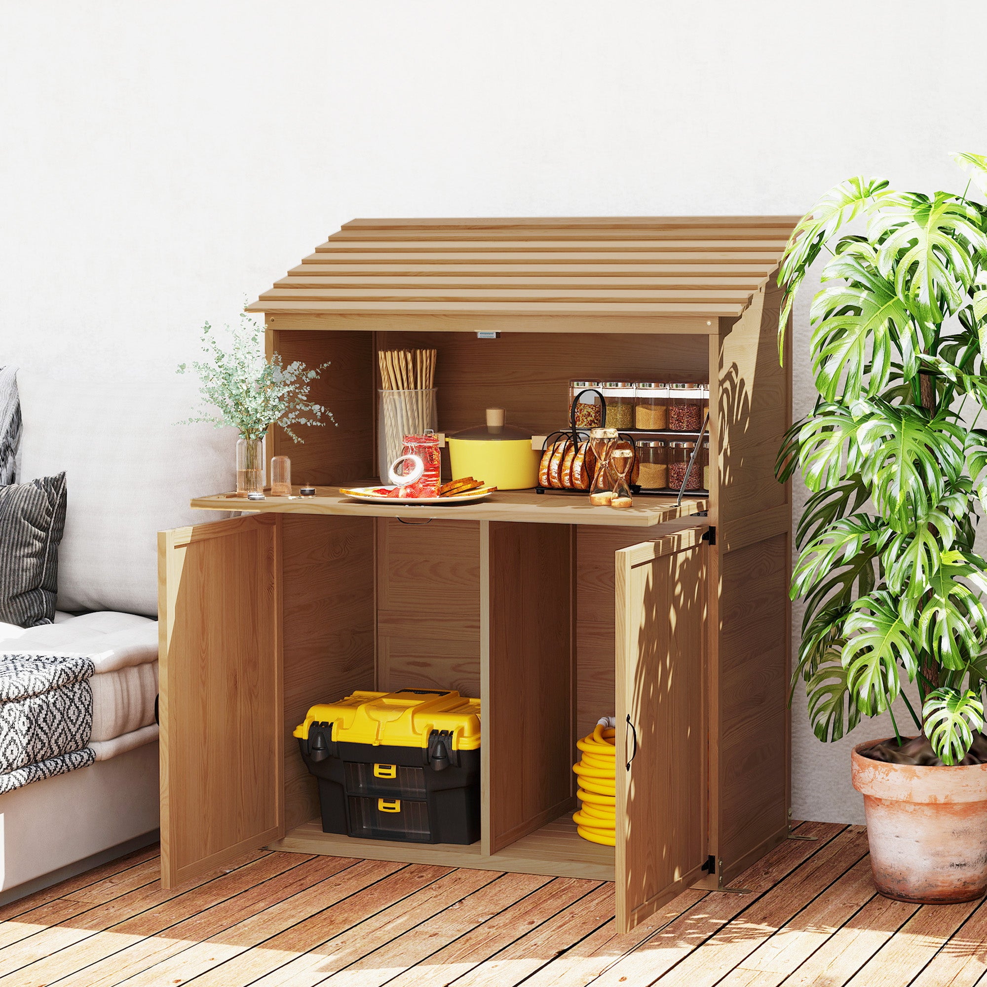 Outsunny Garten-Aufbewahrungsschrank mit ausklappbarem Tisch, Werkzeugschrank mit Dach, 110 x 54 x 136 cm, Tannenholz, Braun