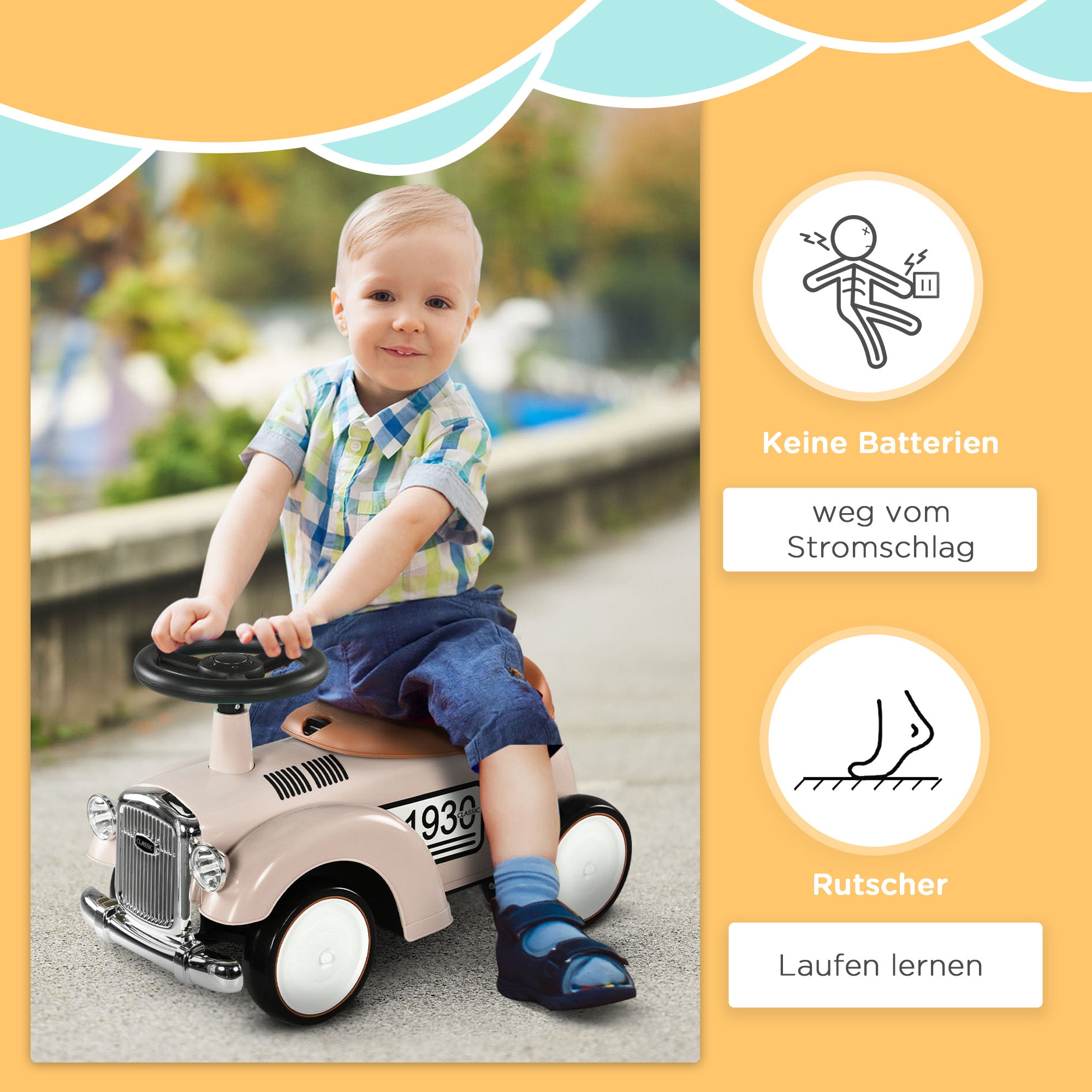 AIYAPLAY Kinder Rutschauto, Vintage-Design, versteckter Stauraum, Kippschutz, Hupe, 12-36 Monate, Cremeweiß