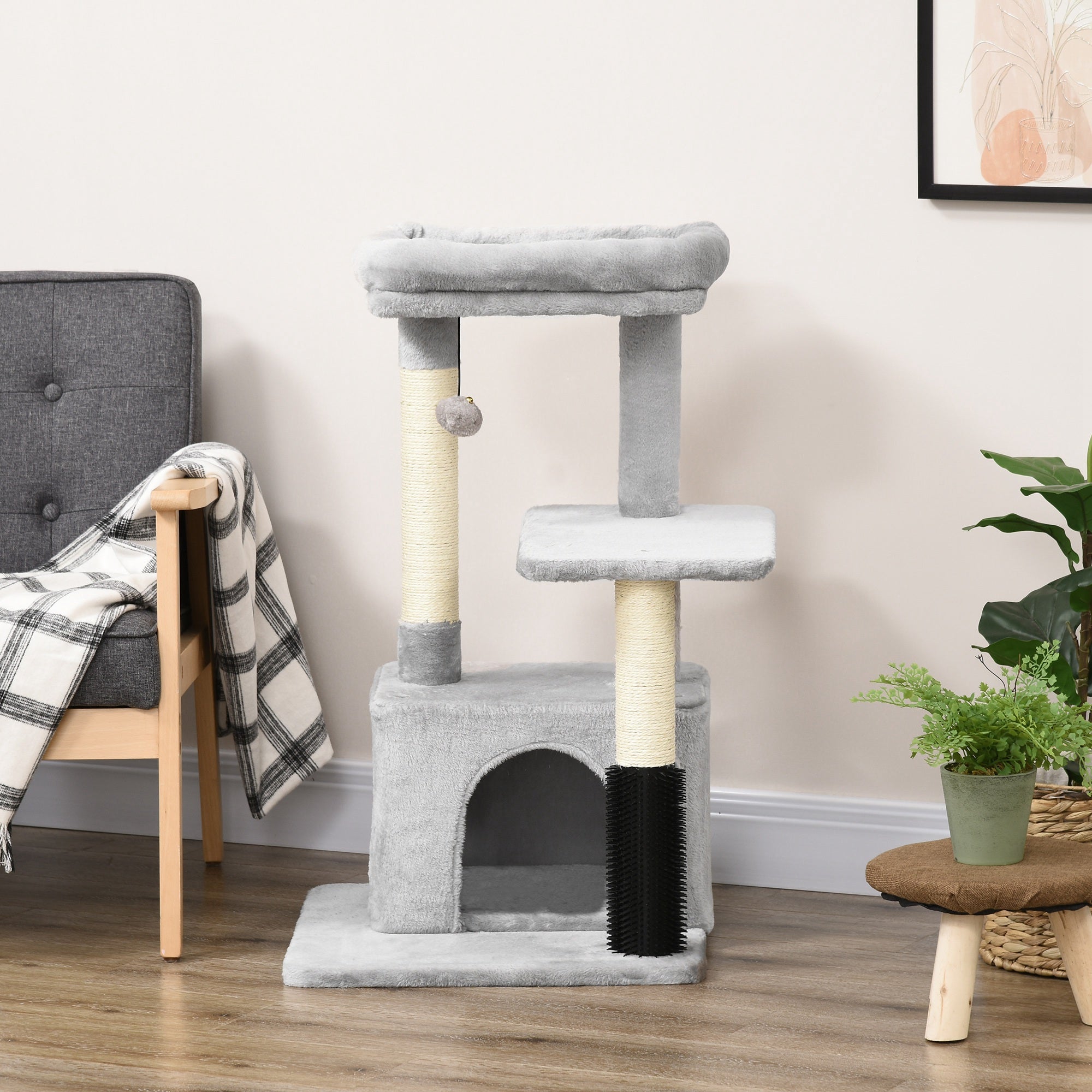 PawHut Kratzbaum Katzenbaum mit Massageecke Katzenhöhle Spielball Katzenkratzbaum Sisalseil-Kratzstangen Hellgrau 48 x 48 x 85 cm