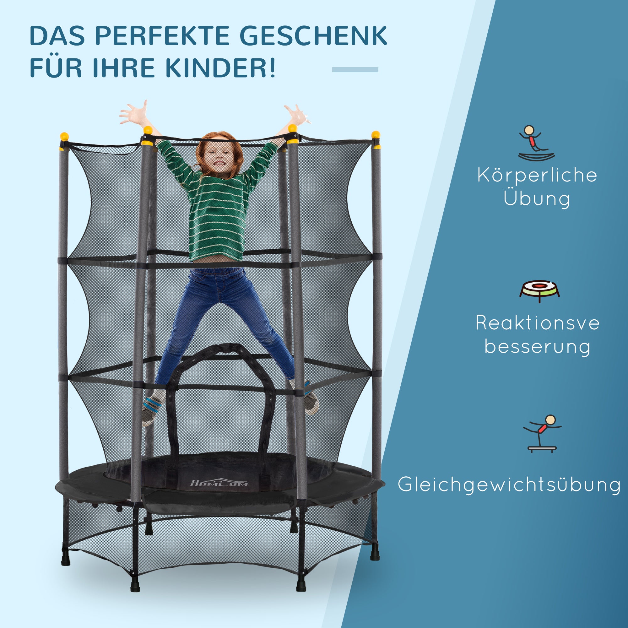 HOMCOM Trampolin für Kinder, Ø140 cm, mit Sicherheitsnetz, für innen und außen, Stahl, Kunststoff, belastbar bis 50 kg, Schwarz