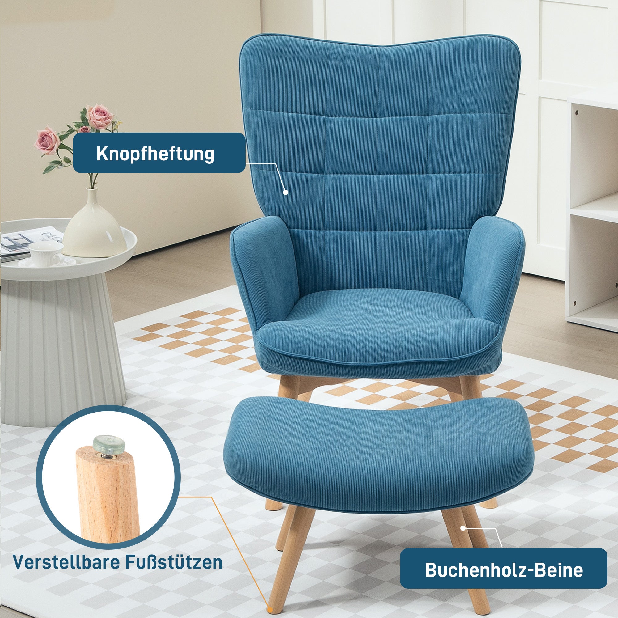 HOMCOM Akzentsessel mit Hocker, Relaxsessel in Cord-Optik, Armlehnstuhl mit Holzbeinen, für Wohnzimmer, Blau