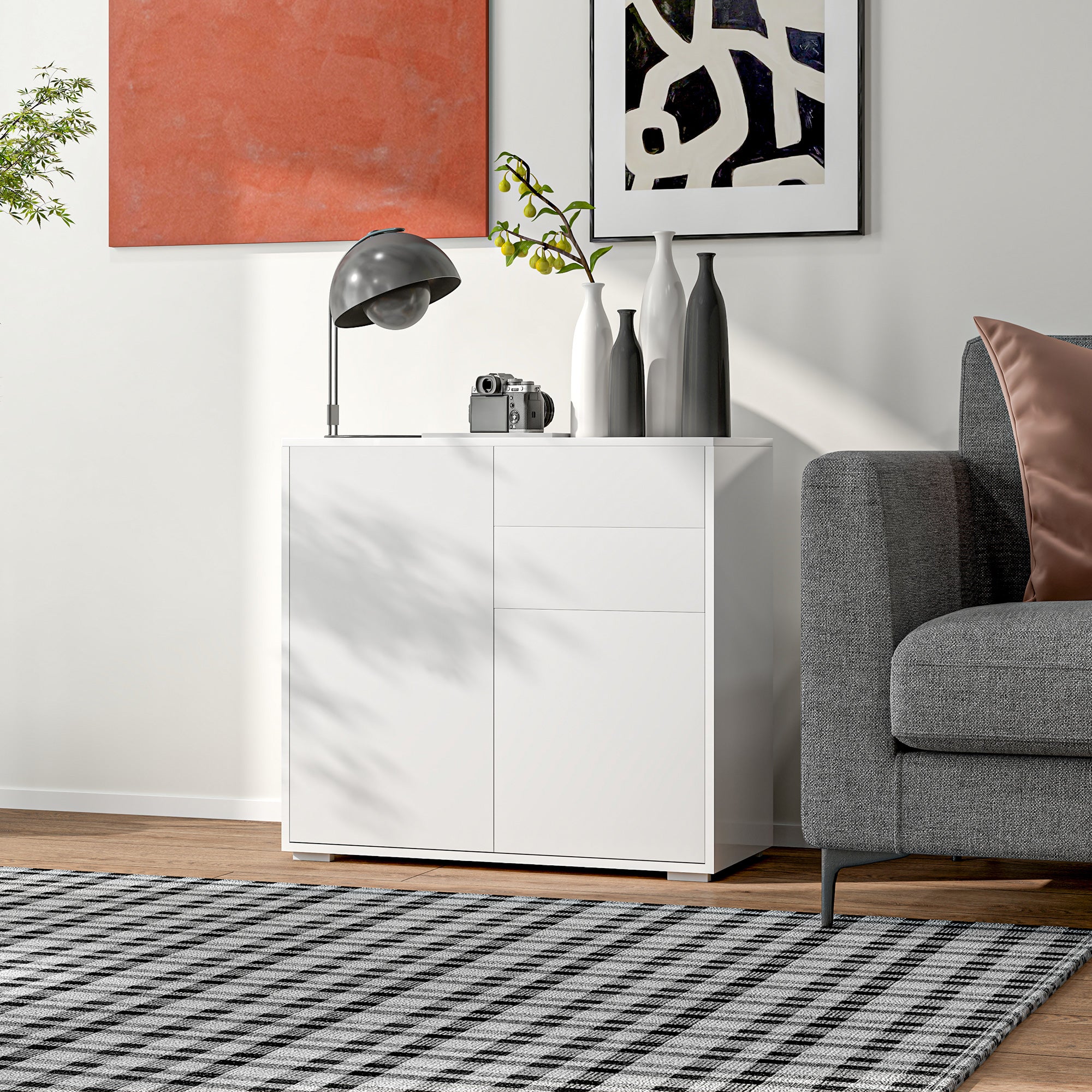 HOMCOM Aufbewahrungsschrank mit 2 Schubladen, 2 Türen, mit Kippschutz, für Wohnzimmer, Schlafzimmer, 79 x 36 x 74 cm, Weiß