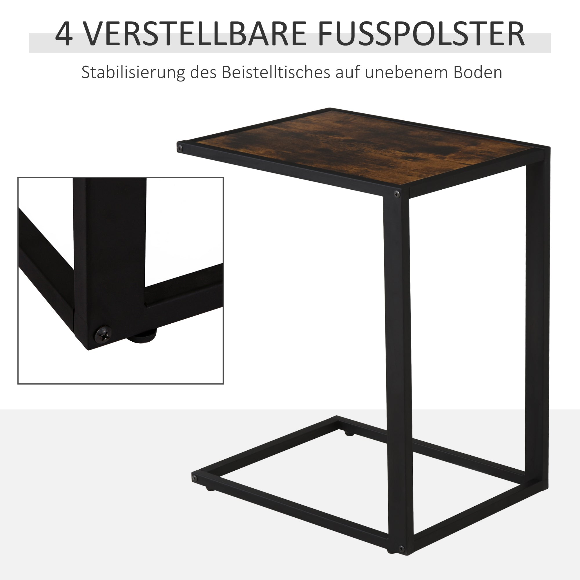 HOMCOM Beistelltisch in C-Form Kaffeetisch Couchtisch Laptoptisch für Schlafzimmer und Wohnzimmer kleiner Bereich mit Metallgestell Industrie-Stil Metall MDF Rustikal-Braun 40,6 x 50,8 X 64,2 cm