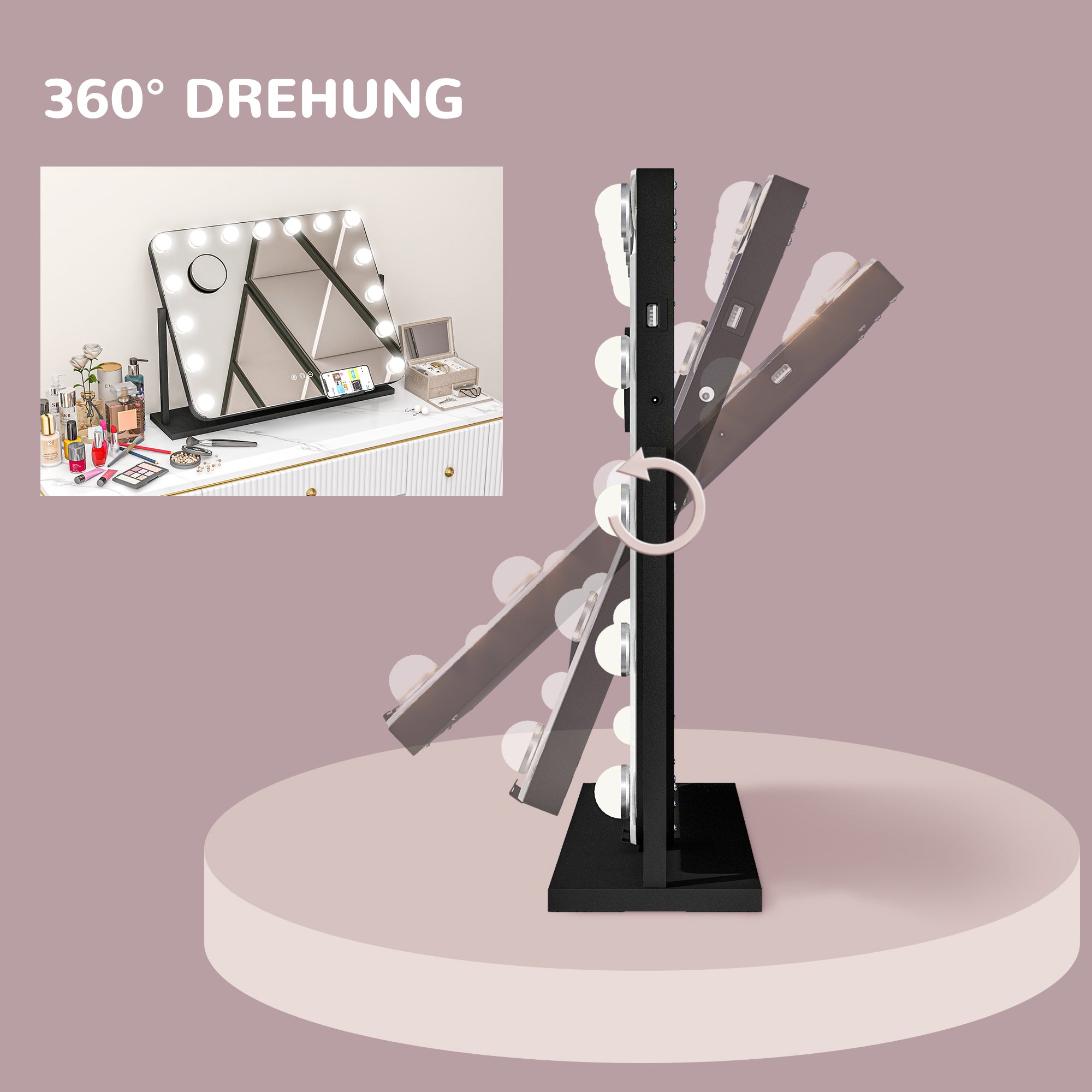 HOMCOM LED Kosmetikspiegel, 3 Lichtmodi, dimmbar, Touchsteuerung, USB, 62,5x49,5cm, Schwarz