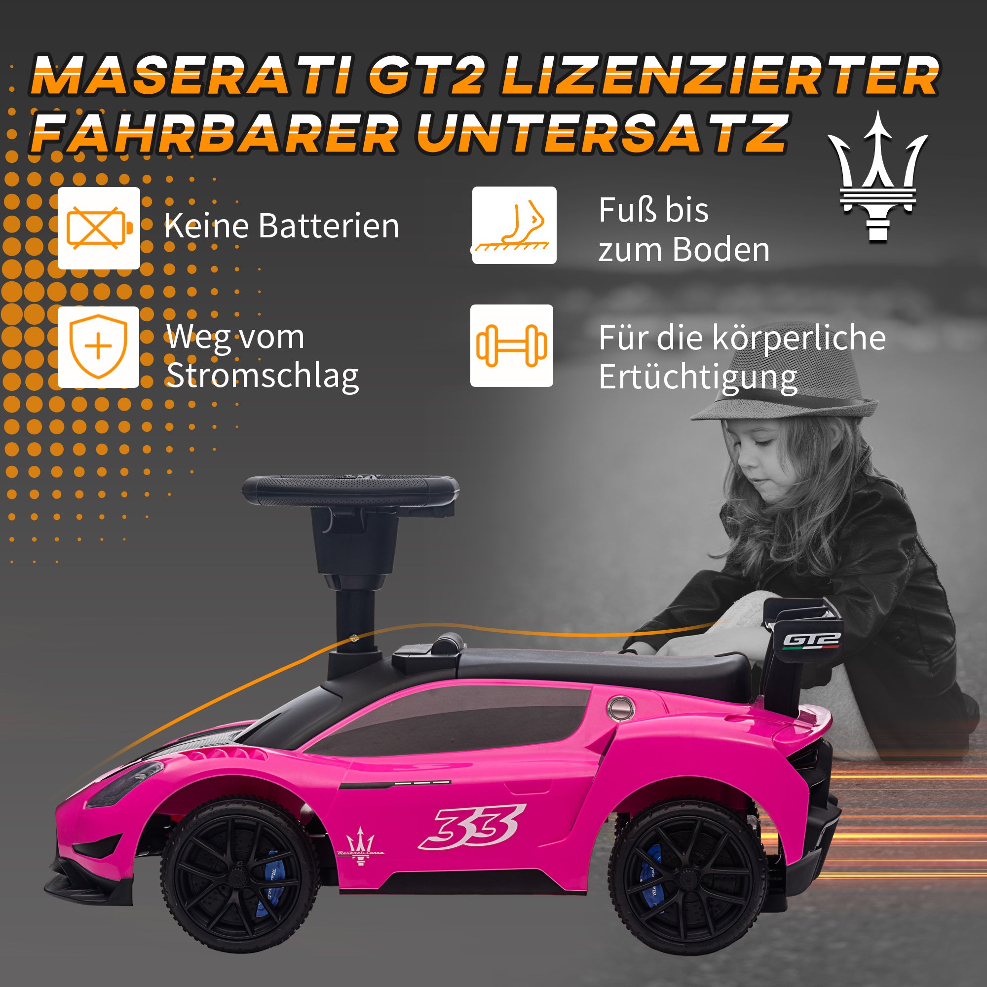 AIYAPLAY Rutschauto, Lizenzfahrzeug, interaktive Hupen- und Musikknöpfe, Kunststoff und Stahl, Rosa, 65 x 29 x 37 cm