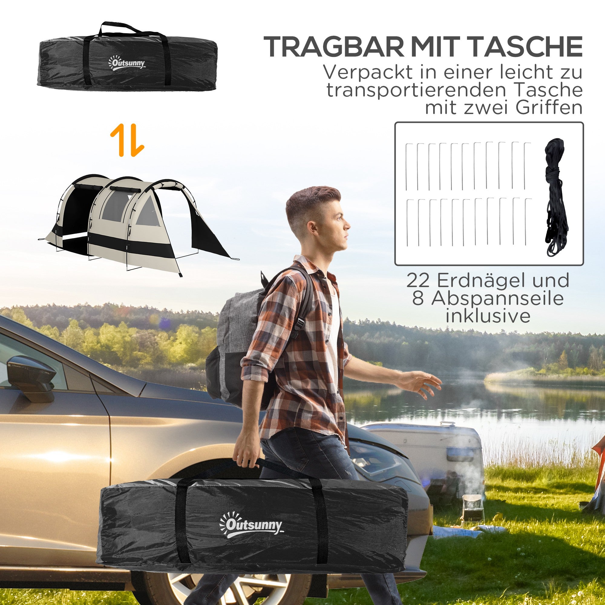 Outsunny Campingzelt für 4-5 Pers., abdunkelbare Fenster, wasserdicht, 180H x 460L x 230B cm, Khaki/Orange
