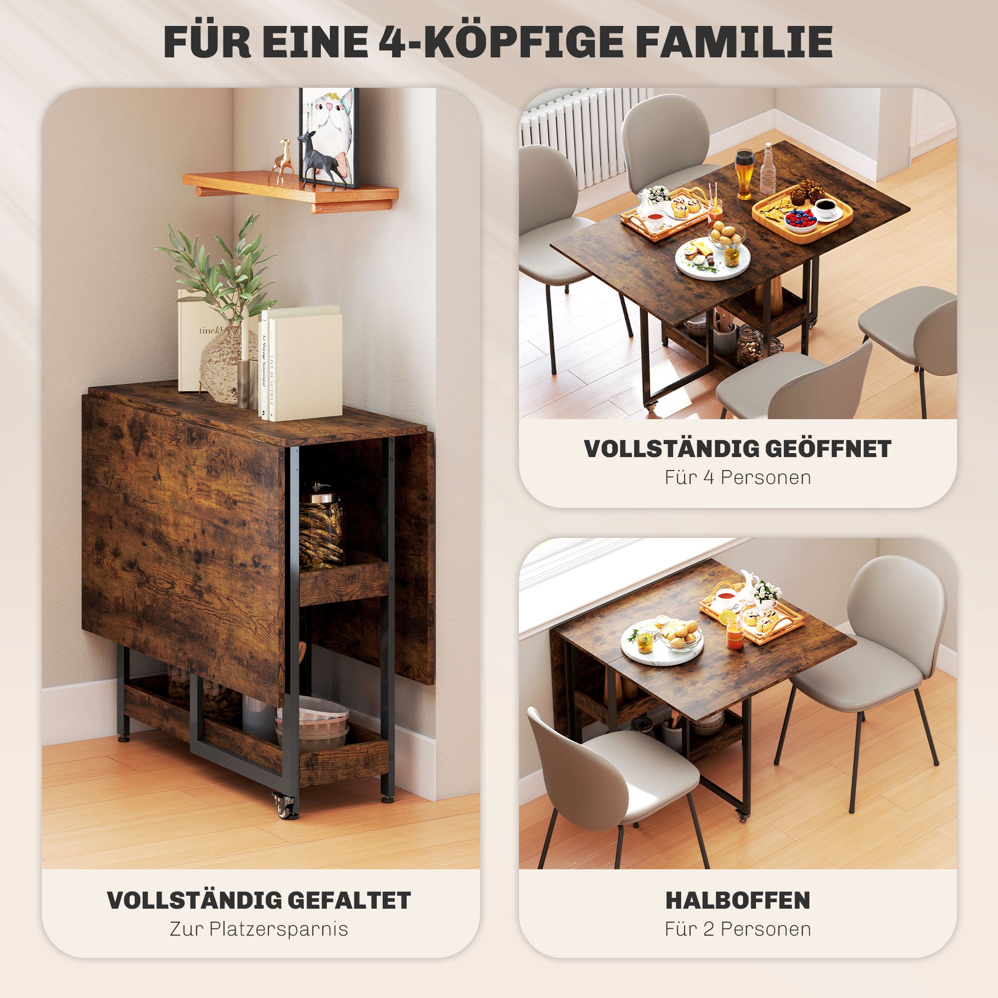 HOMCOM Klappbarer Esstisch im Industriedesign, für bis zu 4 Personen, offene Regale, flexibel, Metall, Spanplatte, Braun