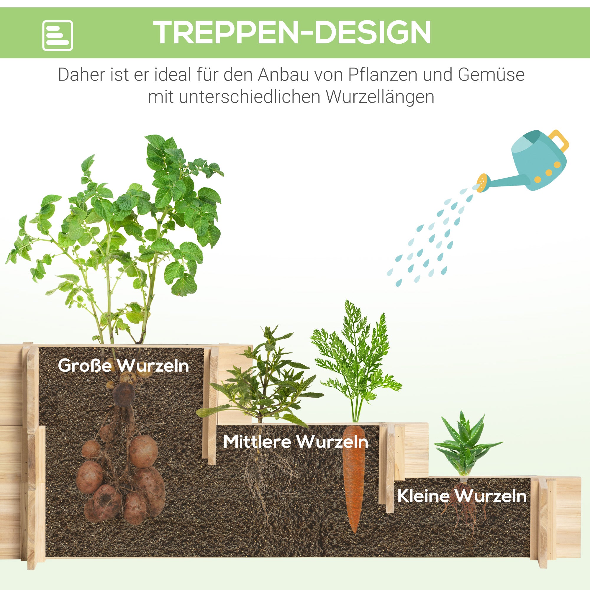 Outsunny Hochbeet, Blumenkasten, 3-stufig, Drainageöffnung, Stoffauskleidung, Naturholz, 93 x 93 x 35 cm