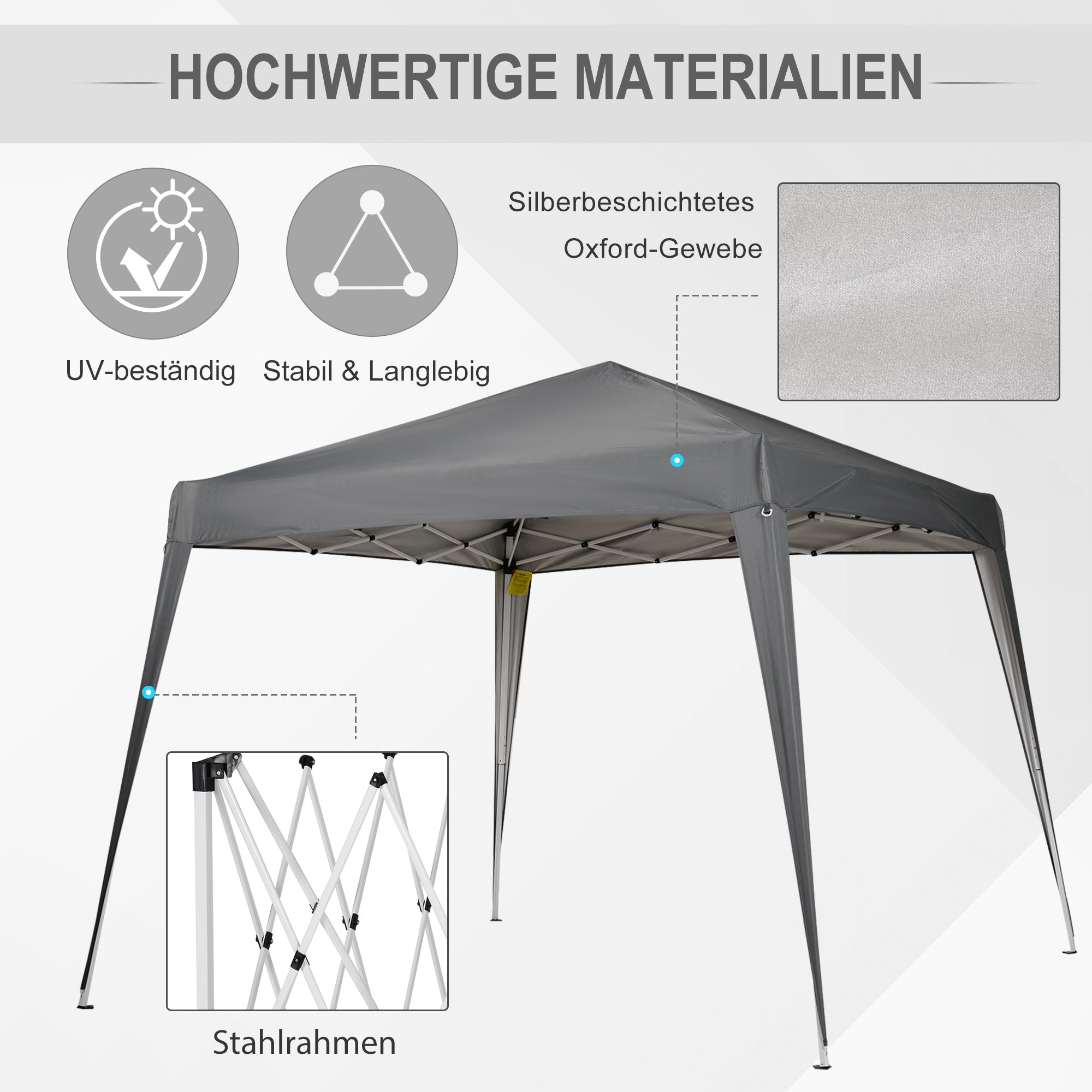 Outsunny Faltpavillon 2,4x2,4m Pavillon Faltzelt mit UV-Schutz, Partyzelt inkl. Tragetasche für Garten, Balkon, Stahl Grau