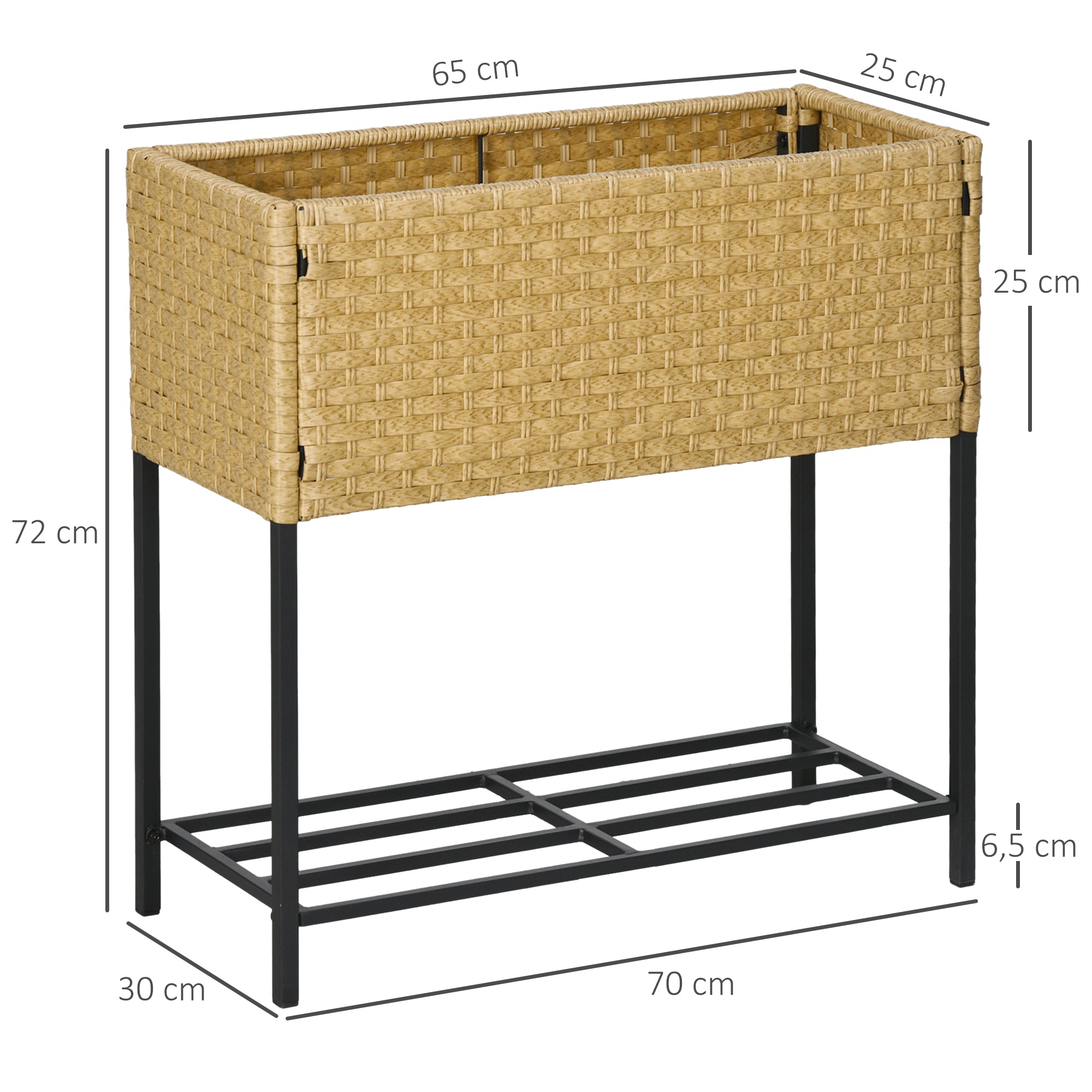 Outsunny Hochbeet, Blumenkasten, tiefe Ablage, Metallrahmen/Polyrattan, 70 x 30 x 72 cm, Sandfarben