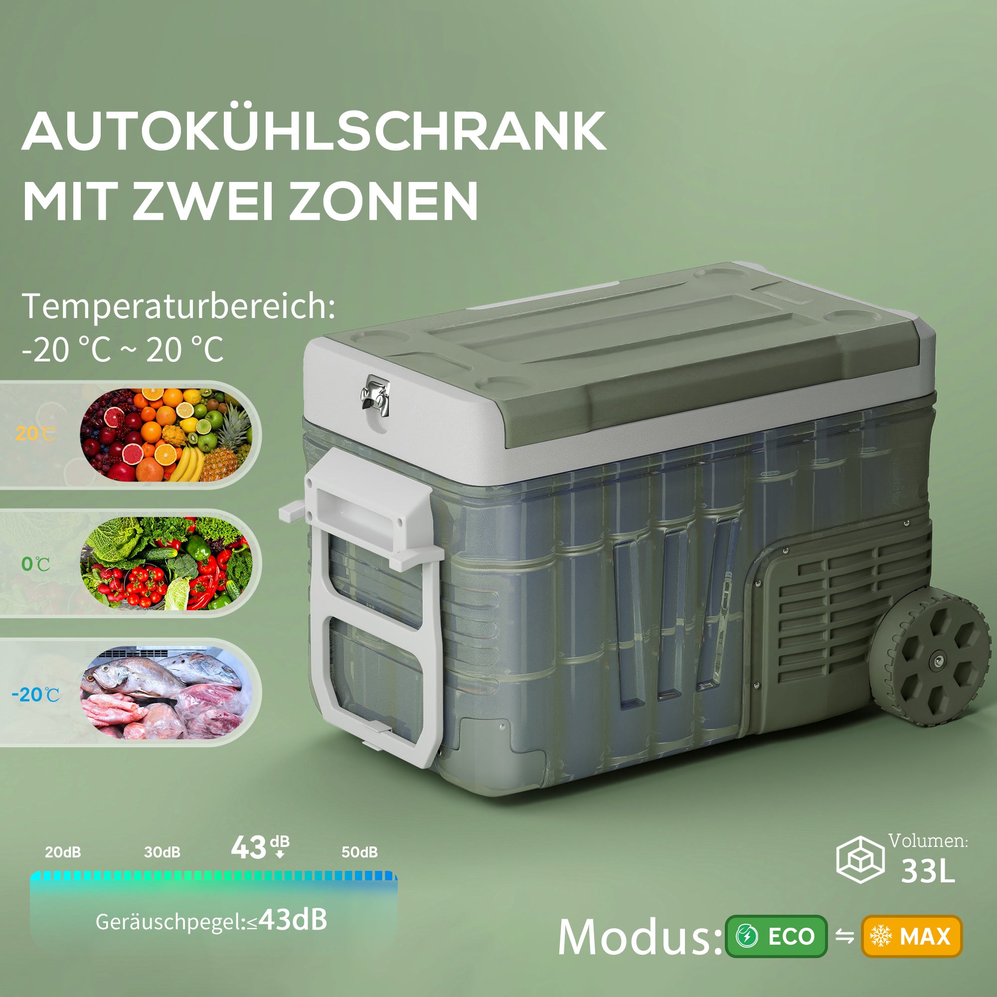 Outsunny 33 L Campingkühlschrank, Reisekühlbox, tragbarer Autokühlschrank mit 2 Fächern und Rädern, Kunststoff, Grün