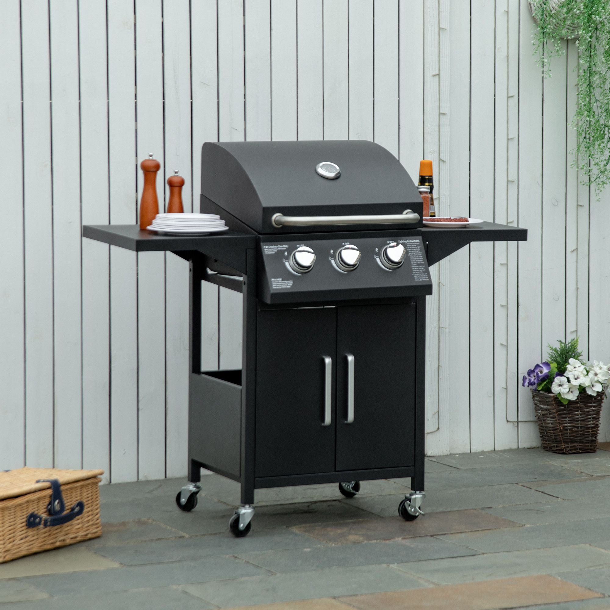 Outsunny Gasgrill, BBQ-Grill mit 3 Brennern je 2,9 kw, 4 Räder, Schwarz