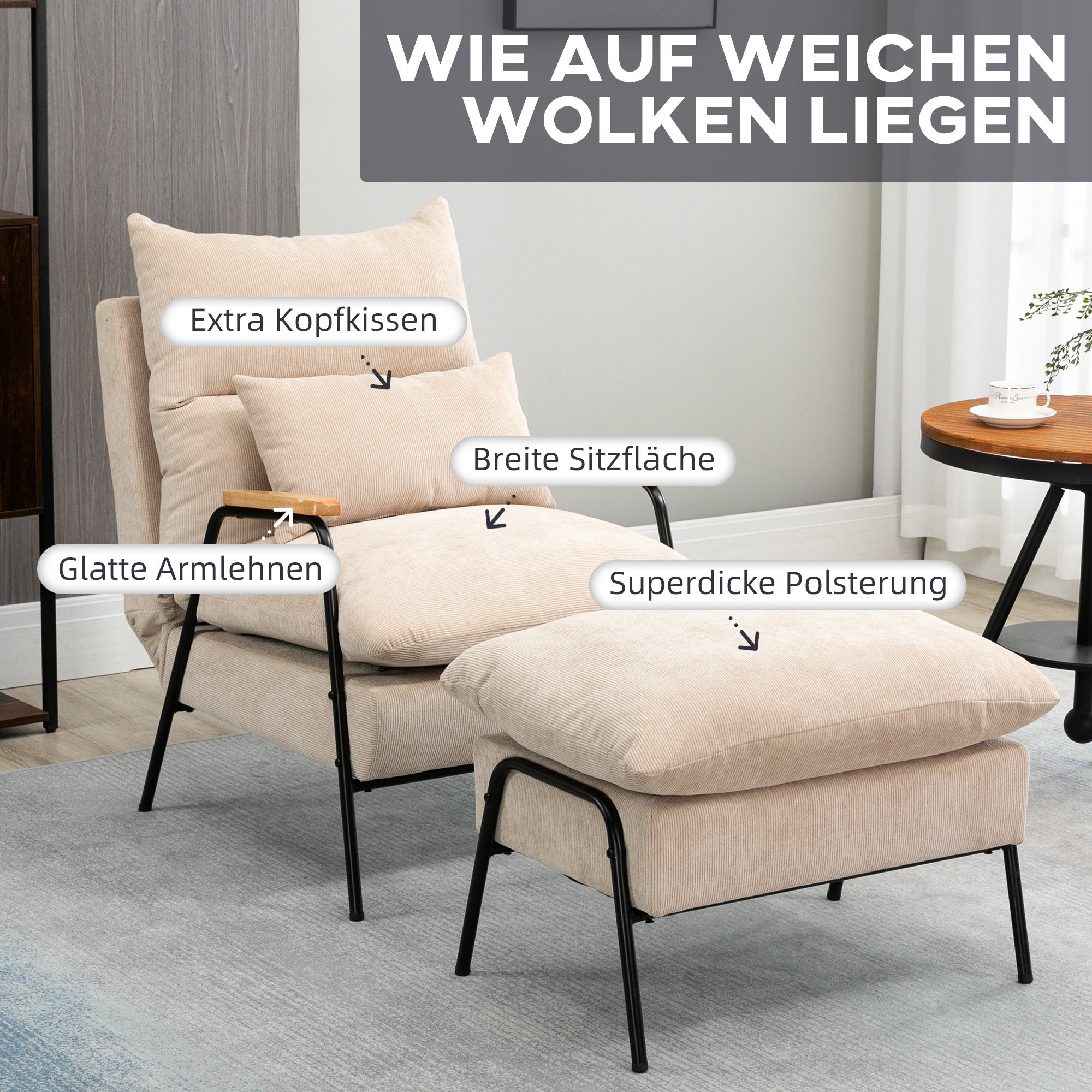 HOMCOM Polstersessel mit Hocker, Relaxsessel mit Liegefunktion, Polsterstuhl, Kissen, Fernsehsessel, 68 x 91,5 x 88 cm, Beige