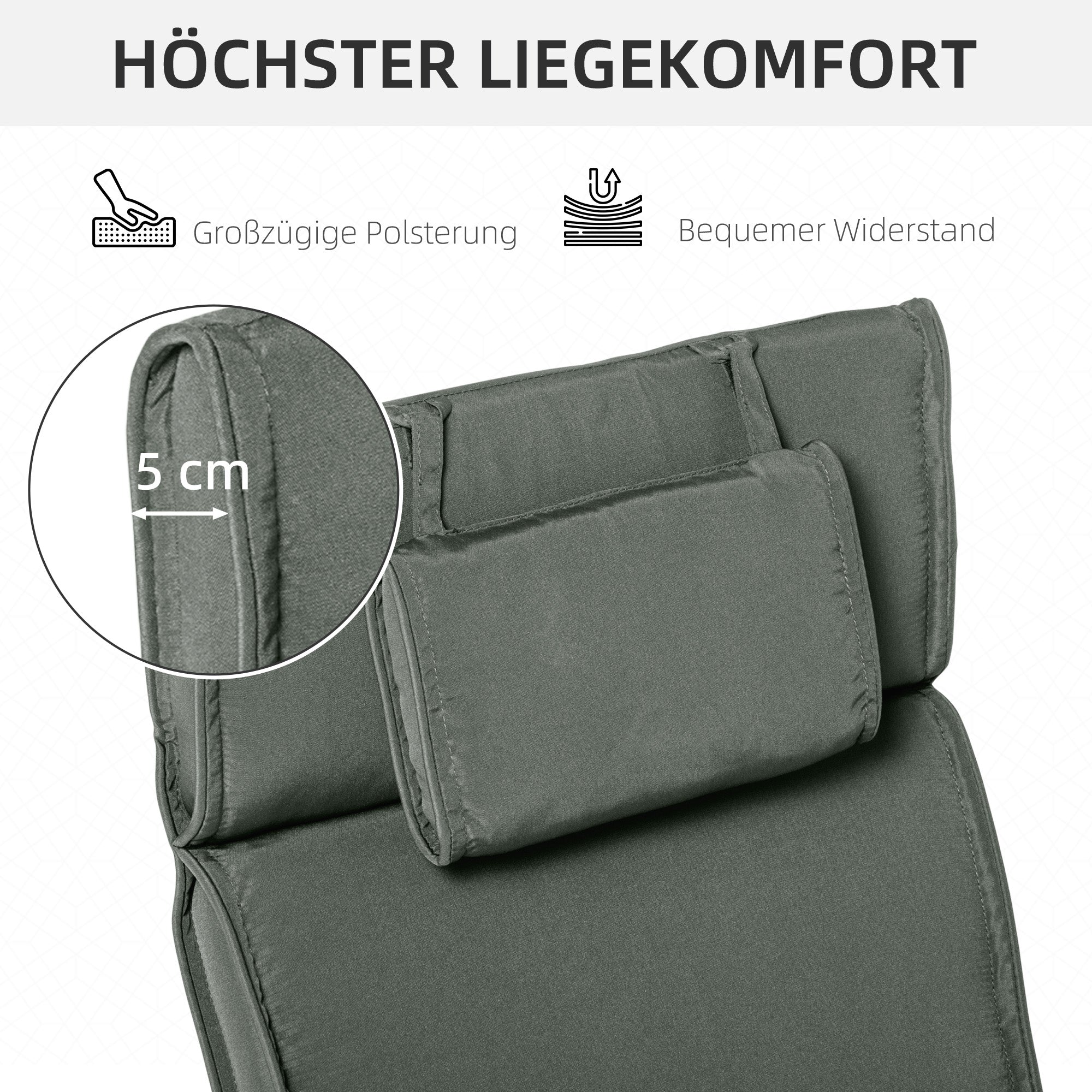 Outsunny Liegenauflage Liegenpolster Gartenliege mit Kopfkissen abnehmbar Bezug Polyester + Baumwollfaser Grau 198 x 53 x 5 cm