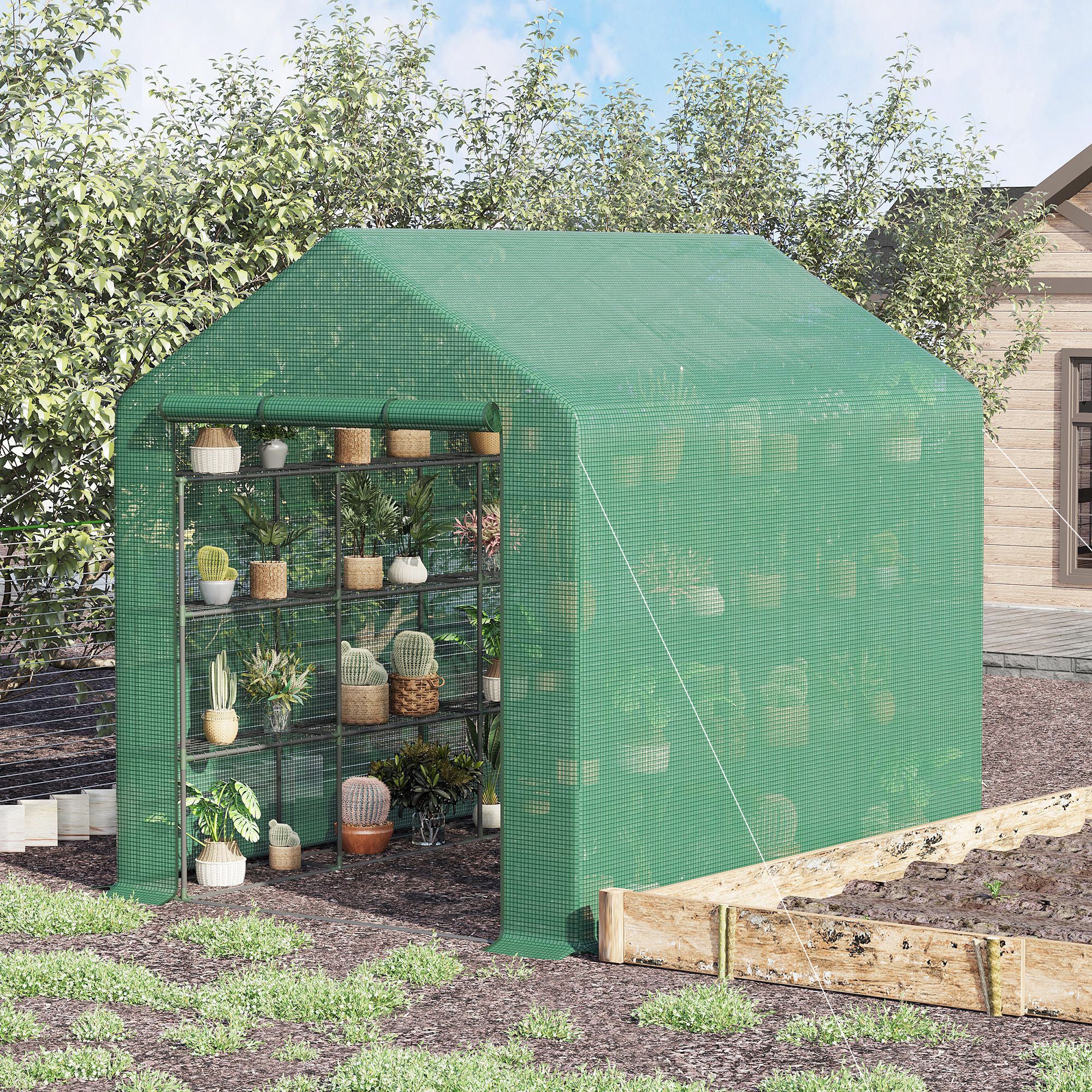 Outsunny Foliengewächshaus begehbares Gewächshaus mit 8 Regalebenen Tomatengewächshaus Treibhaus Frühbeet mit Tür Grün Stahl PE-Kunststoff 244 x 180 x 210 cm