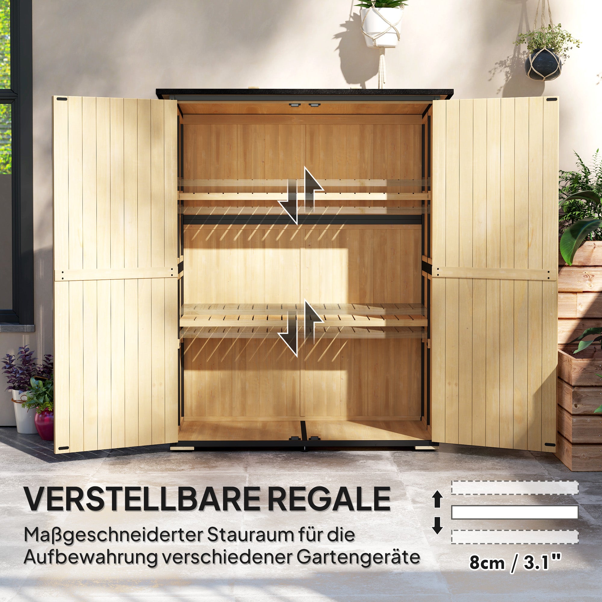 Outsunny Gartenschrank aus Holz und Stahl, Outdoor-Werkzeugschrank mit Asphalt-Dach, 2 Regale, verschließbare Türen, Naturholz