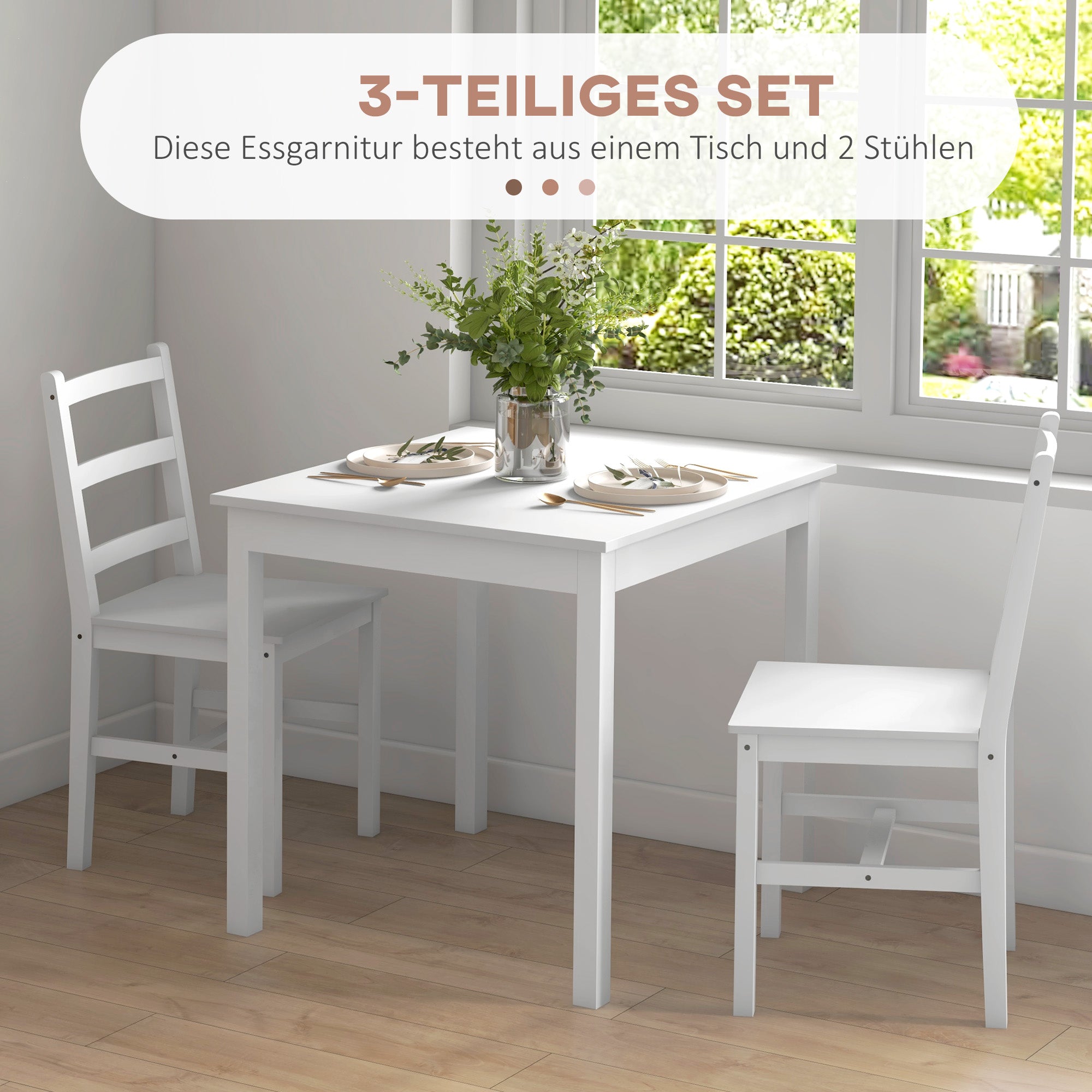 HOMCOM 3-teilige Essgruppe Sitzgruppe Tisch mit Stühlen, Massivholz, Weiß