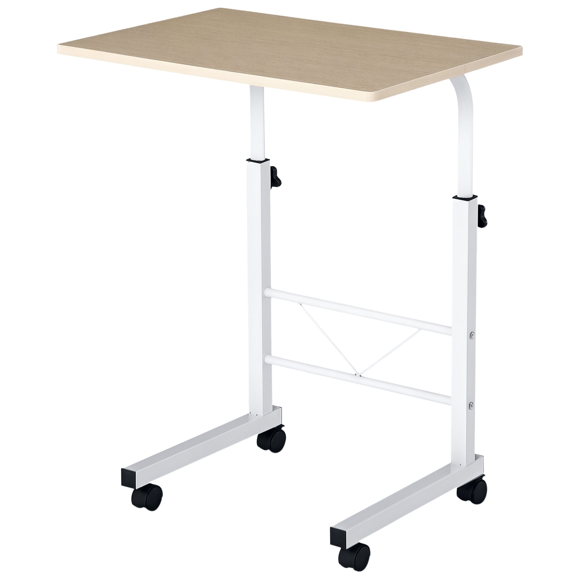 HOMCOM Beistelltisch höhenverstellbarer Couchtisch mobiler Endschreibtisch mit Rädern Feststellbremsen C-Tische Spanplatte Stahl Eisen Kunststoff Weiße Ahornfarbe 60 x 40 x 68-78 cm