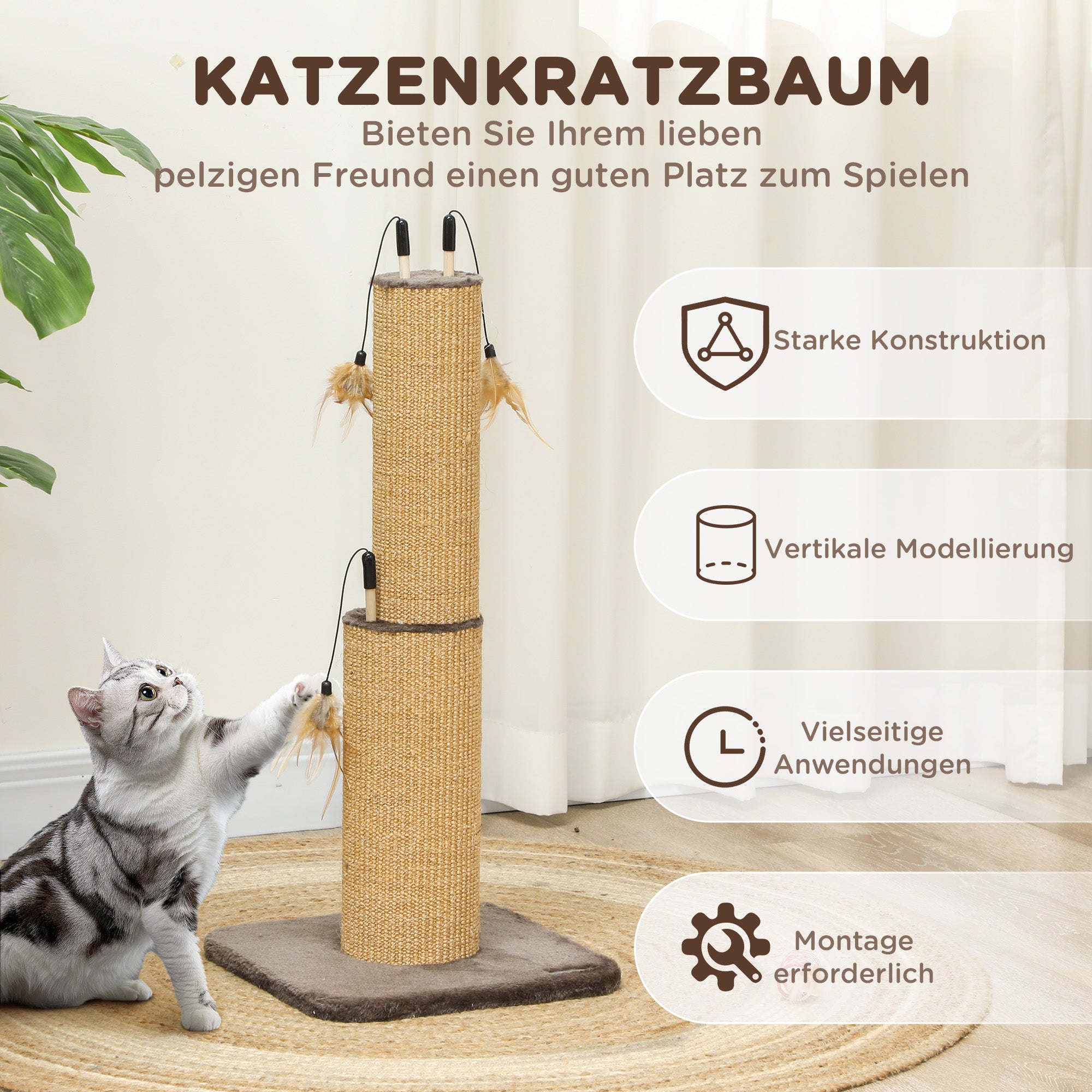 PawHut 78 cm 2-in-1 Katzenkratzpfosten mit 3 Spielzeugfedern, Braun