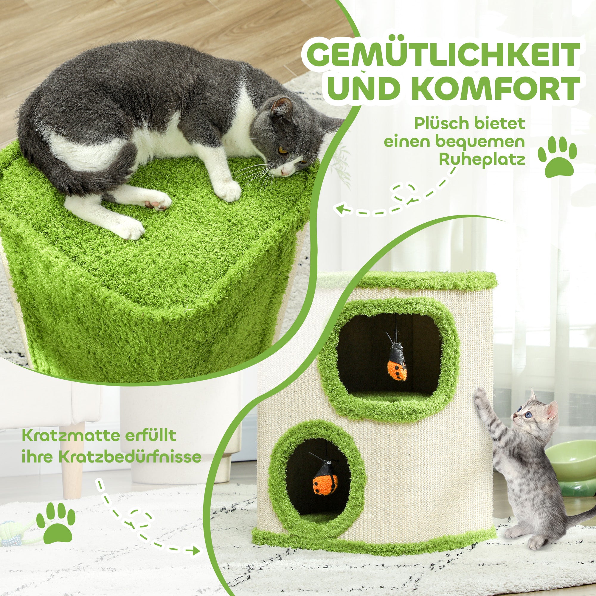PawHut Kratzturm, 52 cm, Katzenhöhle mit Plüsch, Kratzfläche, Spielzeug, Grün/Cremeweiß
