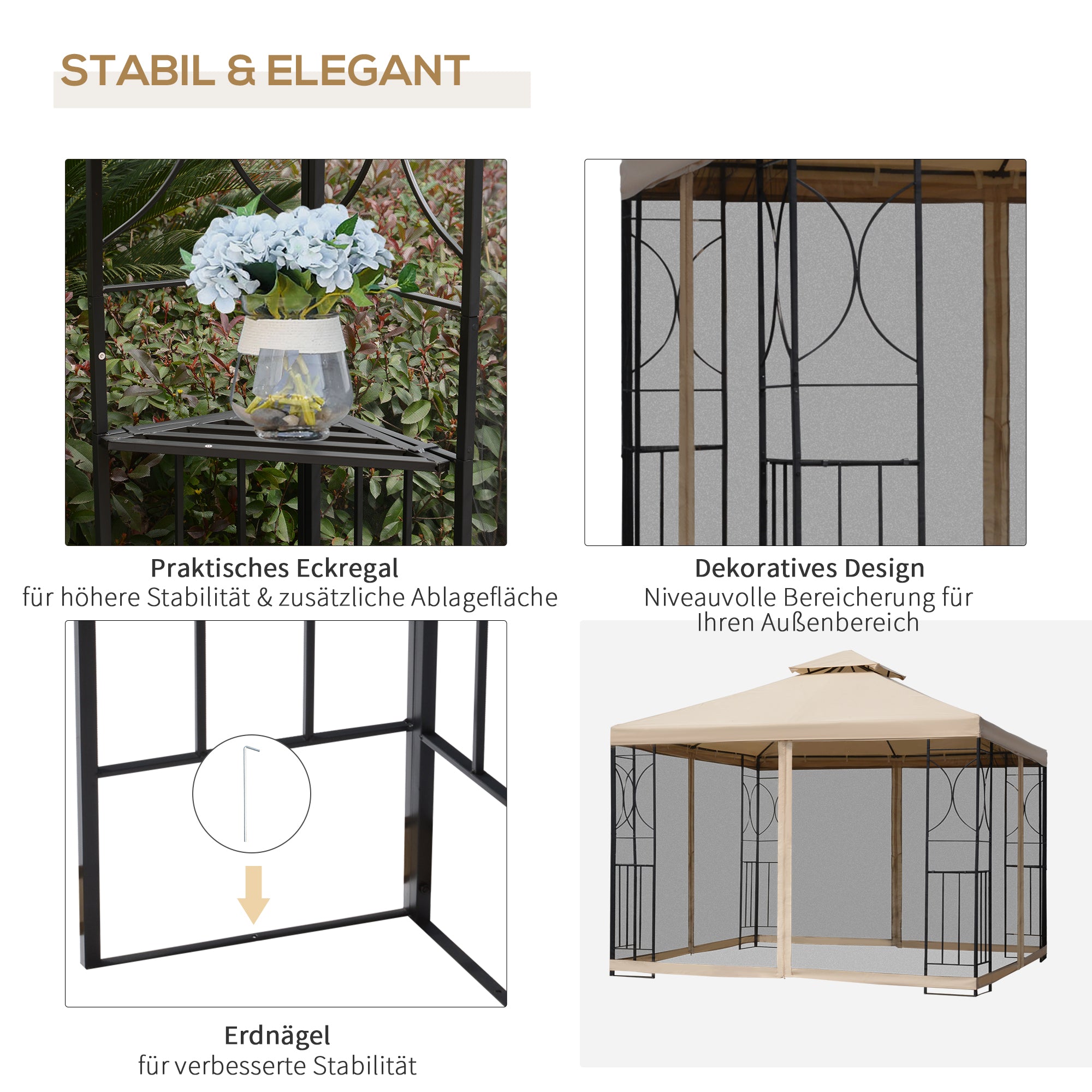 Outsunny Gartenpavillon Pavillon Festzelt Partyzelt wetterfest Zelt mit 4 Ablagen Metall + Polyester Beige 2,98 x 2,98 m