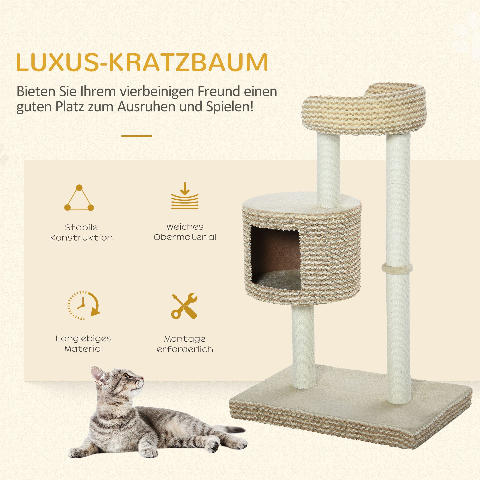 PawHut Katzenbaum Kratzbaum Kletterbaum Katzenkratzbaum, kuschelige Aussichtsplattformen, beige und kaffee, Spanplatte, Plüsch, Jute, 61x41x96 cm