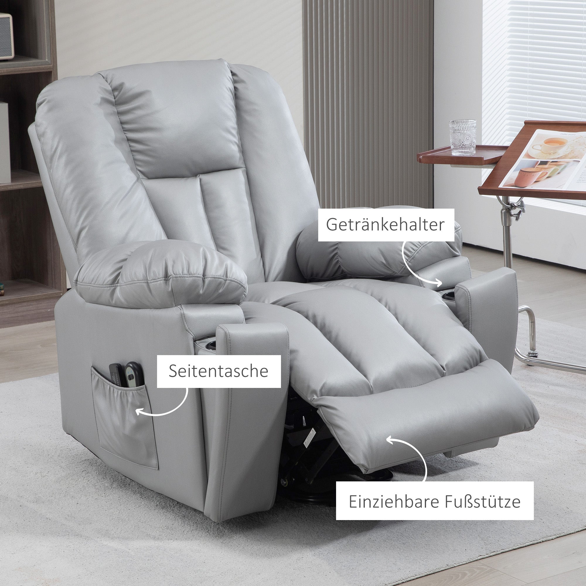 HOMCOM Massagesessel Relaxsessel Seniorensessel, Fernbedienung, Seitentaschen, 94 cm x 96 cm x 106 cm, Dunkelgrau