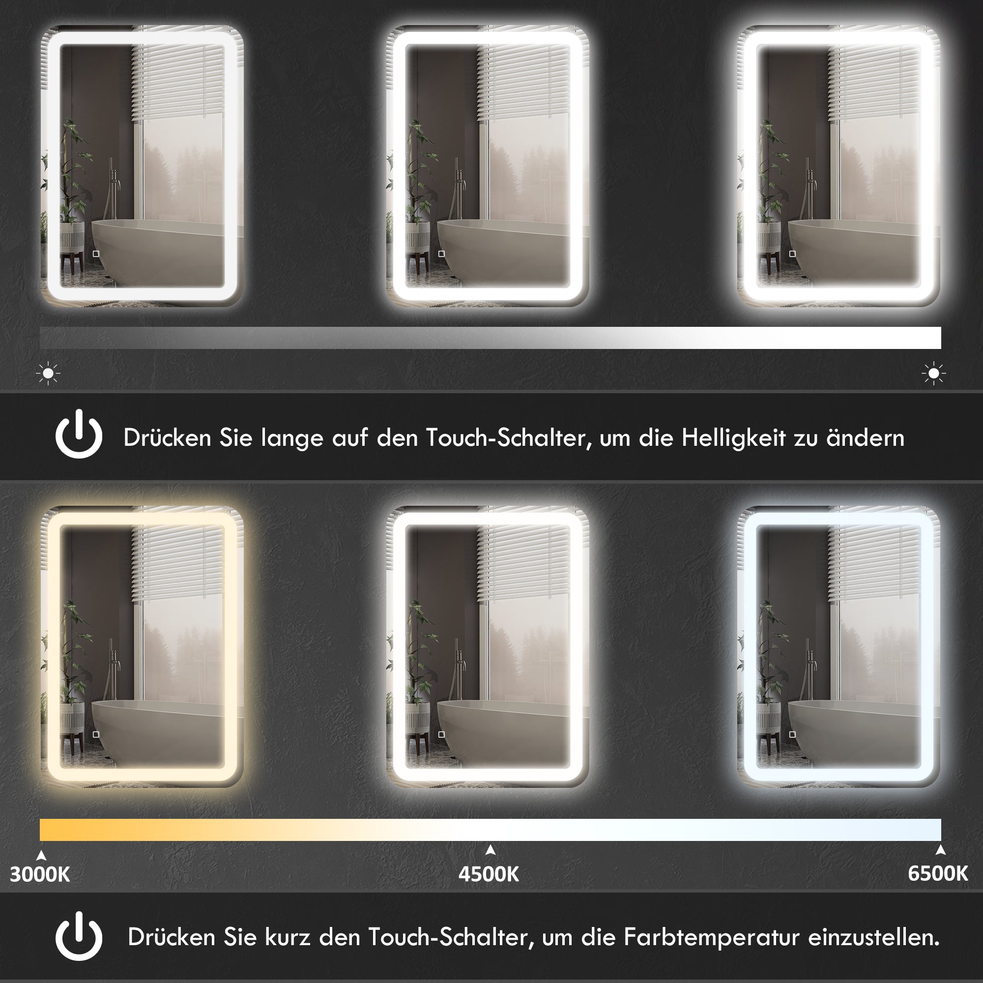 HOMCOM Badezimmerspiegel, beleuchtet, Touch-Steuerung, beschlagfrei, dimmbar, 3 Lichtfarben, 50x70, Silber