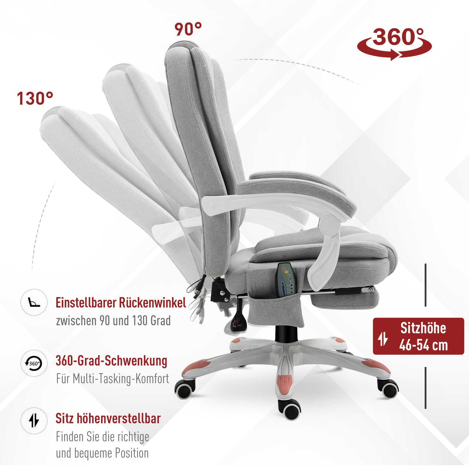 Vinsetto Massage Sessel, Bürostuhl, Gaming Stuhl, Polyester, Schaumstoff, Nylon, Grau, 66 x 63 x 107-115 cm