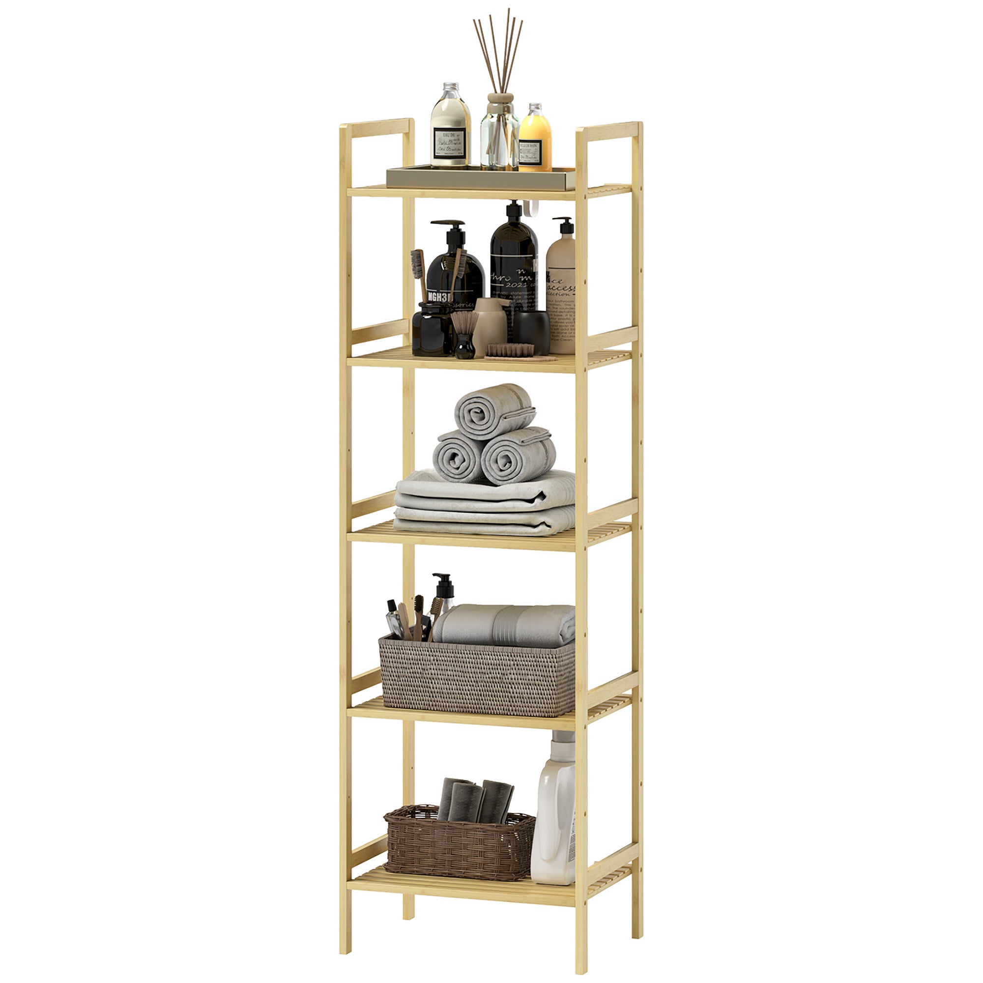 HOMCOM Bambus-Badezimmerregal mit 5 Ebenen, Aufbewahrungsregal mit verstellbaren Regalböden, 43,5 x 31,5 x 142 cm, Naturholz