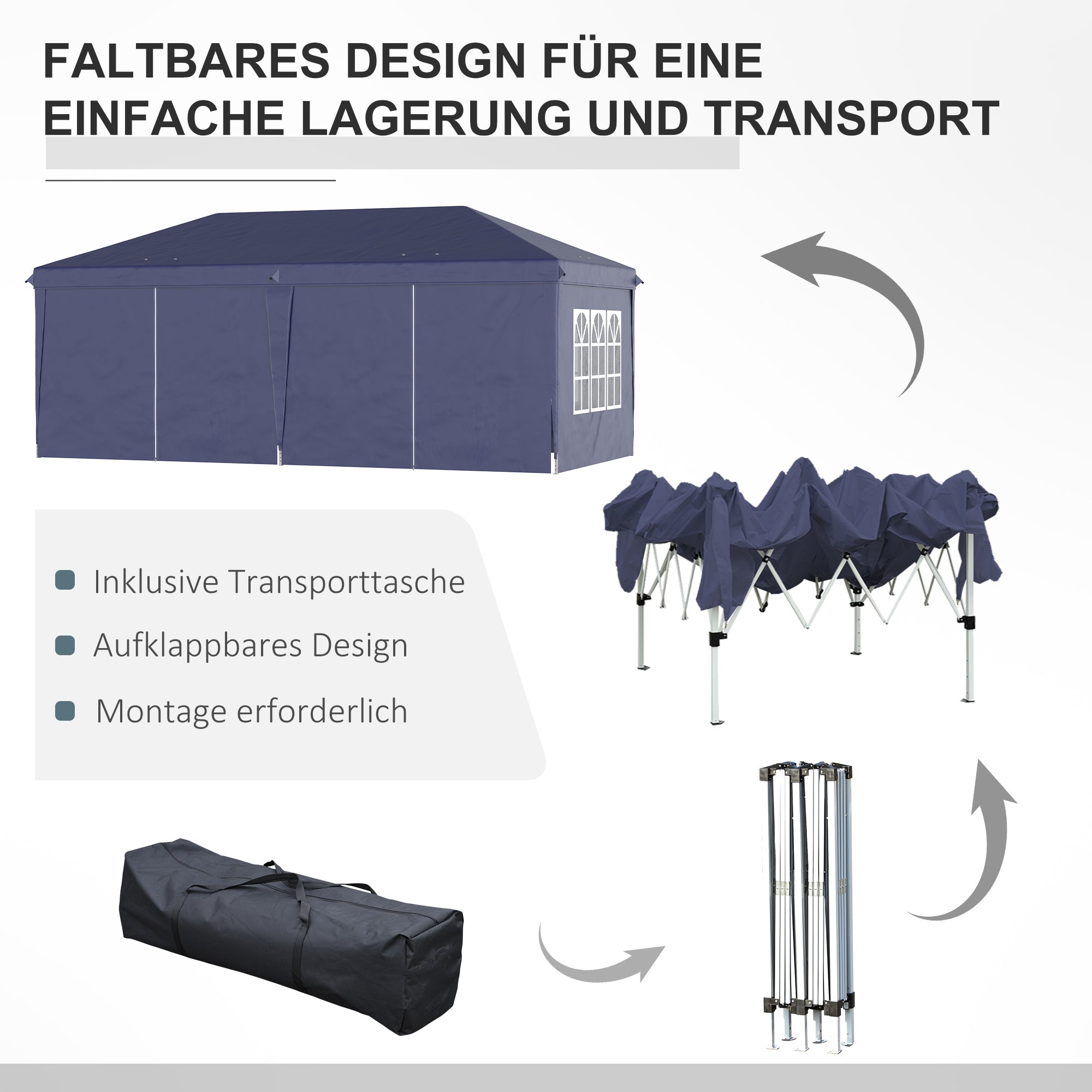 Outsunny Faltpavillon 6 x 3 m, abnehmbare Seitenwände, große Fenster, Reißverschlusstüren, Stahlrahmen, Blau