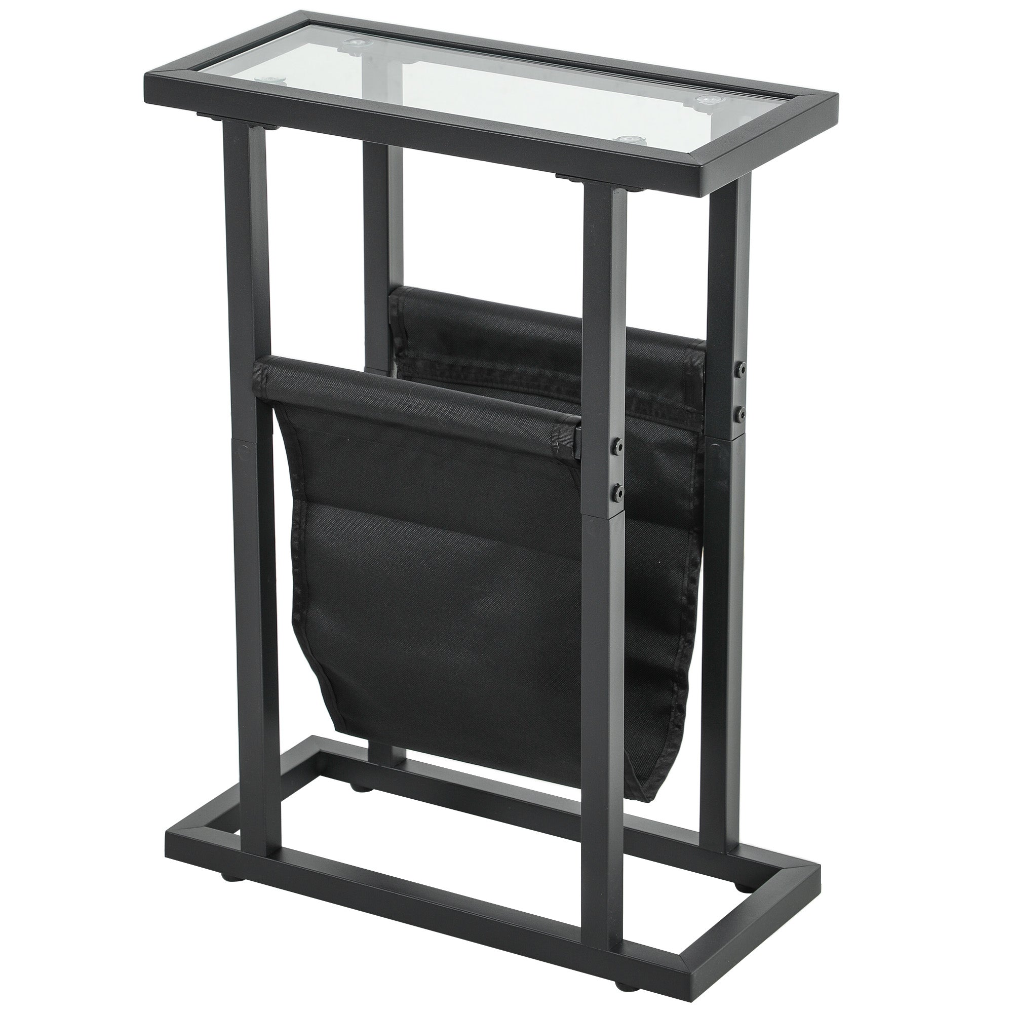 HOMCOM Beistelltisch aus Metall mit Stofftasche und Glasplatte, schmaler Tisch für Wohnzimmer, Schlafzimmer, Schwarz