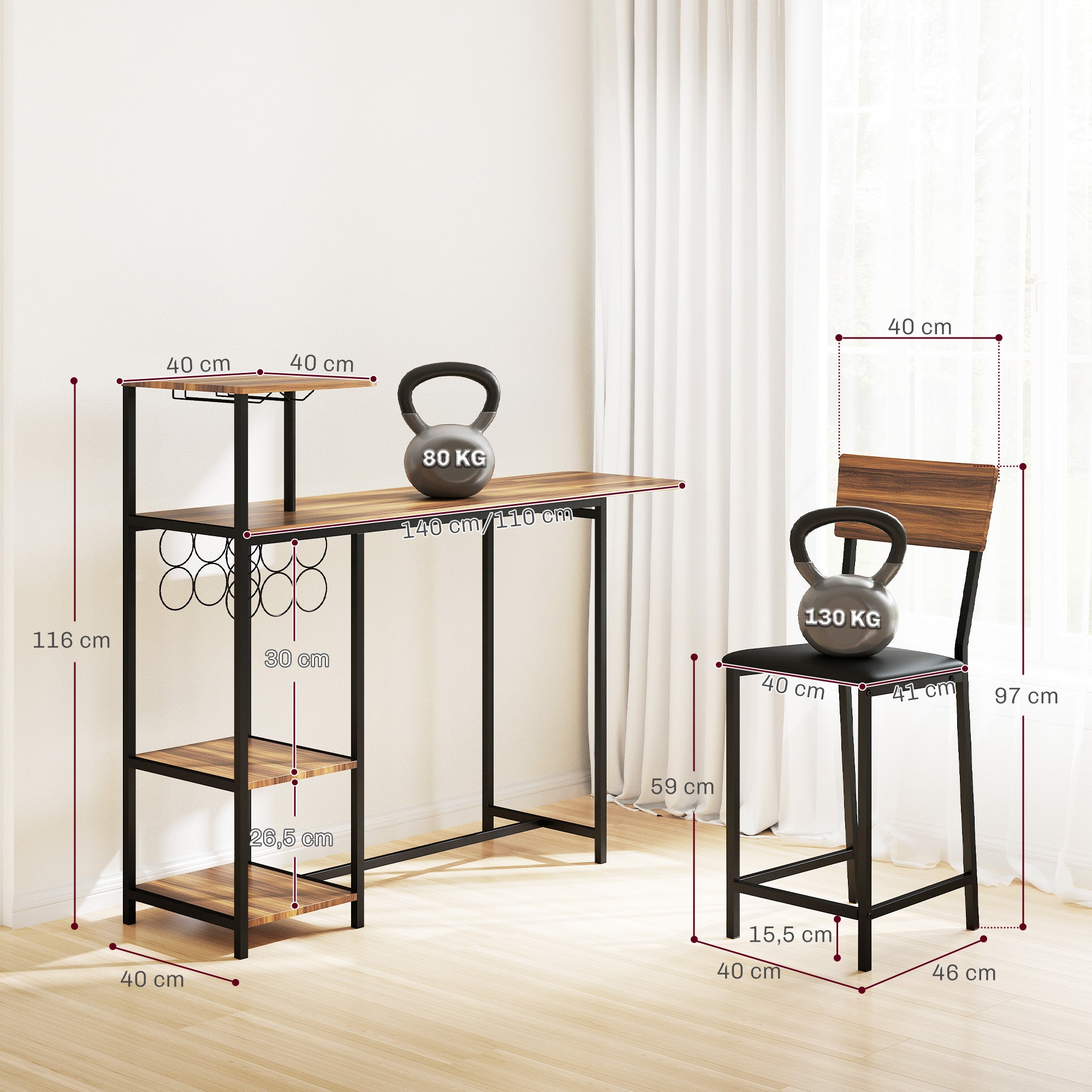 HOMCOM 3-teiliges Bartisch-Set, 1 Bartisch, 2 Stühle, mit Weinregal, Glashalter, Offene Regale, Fußstützen, Braun