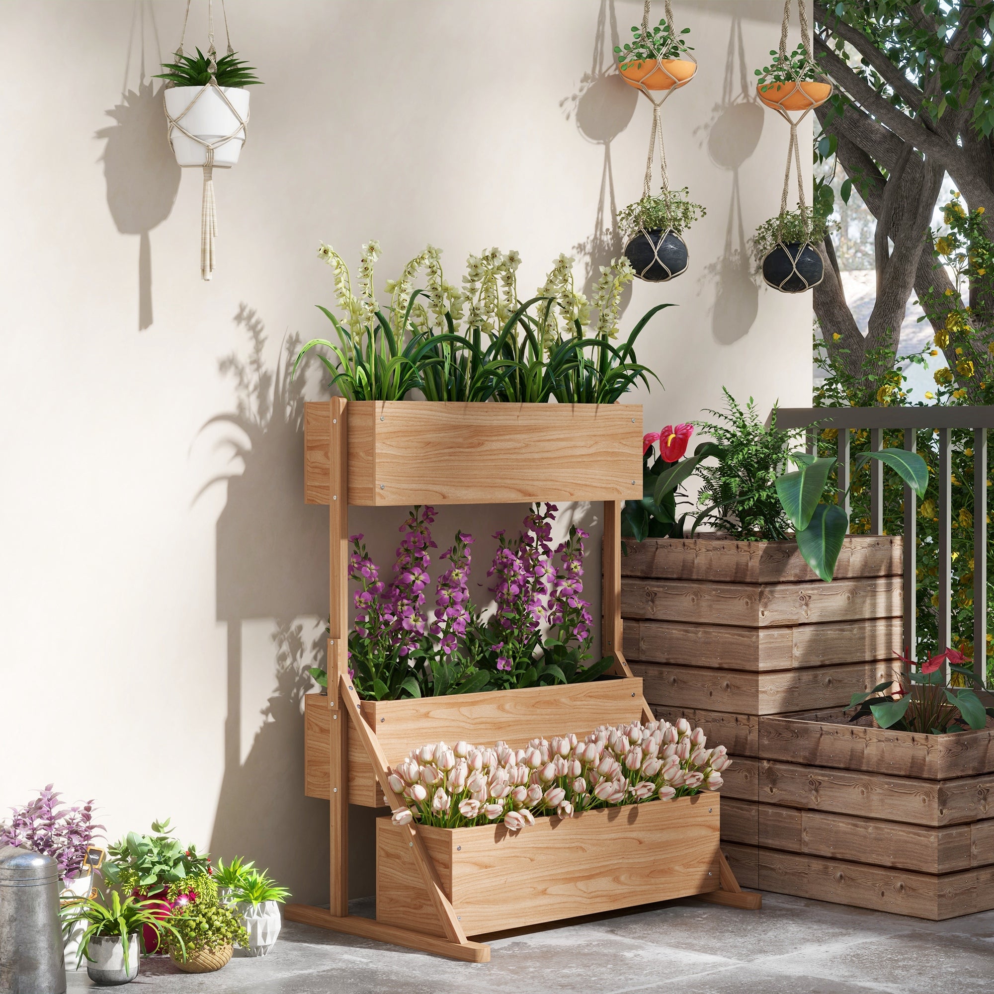 3-stufiges Hochbeet aus Holz mit Vlies, Natur 108 cm