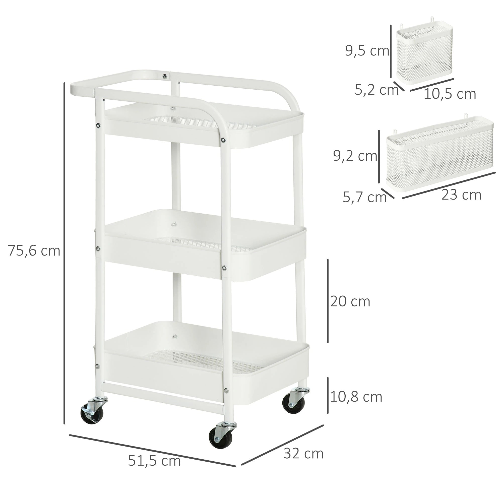 HOMCOM Küchentrolley mit Lochtafel, Handtuchhaltern und Aufbewahrungskörben, 51,5 cm x 32 cm x75,6 cm, Weiß