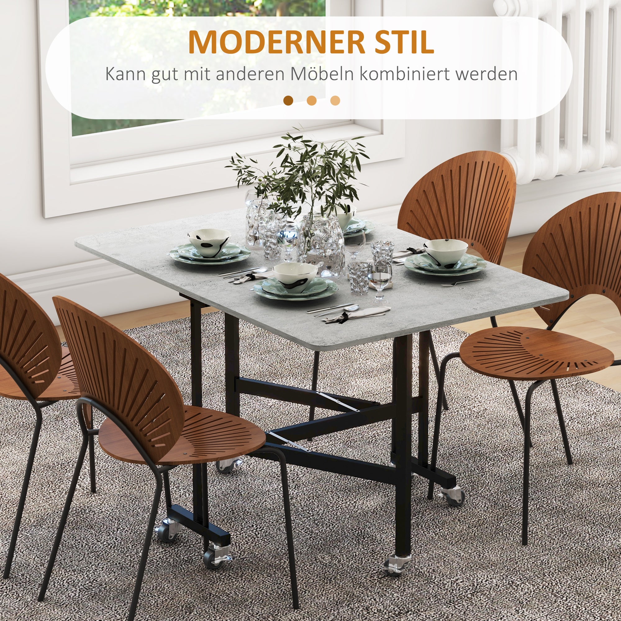 HOMCOM Esstisch für 4-6 Personen, Klapptisch mit Rollen, Stahlgestell, 52,5-120 x 80 x 73 cm, Grau