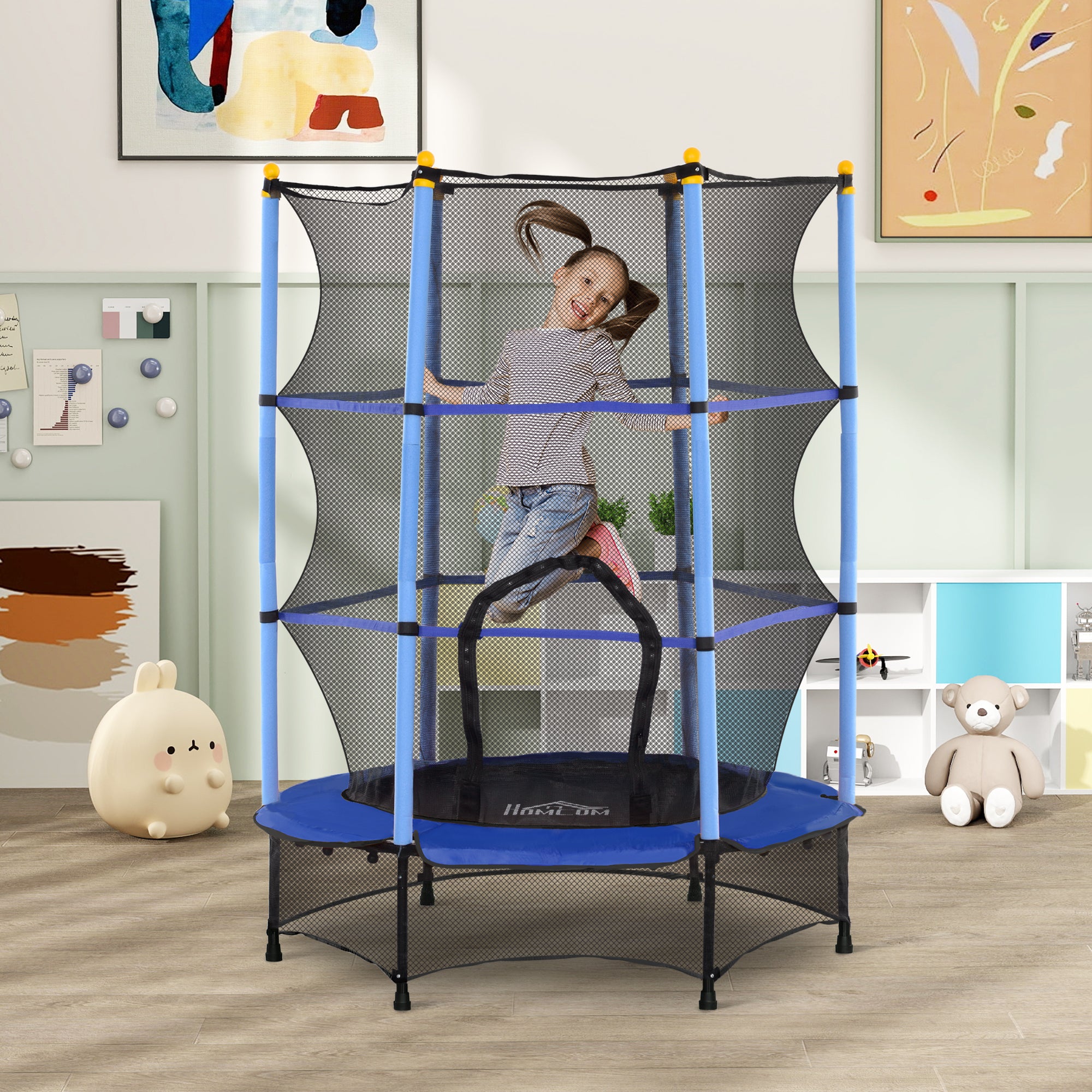 HOMCOM Trampolin für Kinder, Ø140 cm, mit Sicherheitsnetz, für innen und außen, Stahl, Kunststoff, belastbar bis 50 kg, Blau