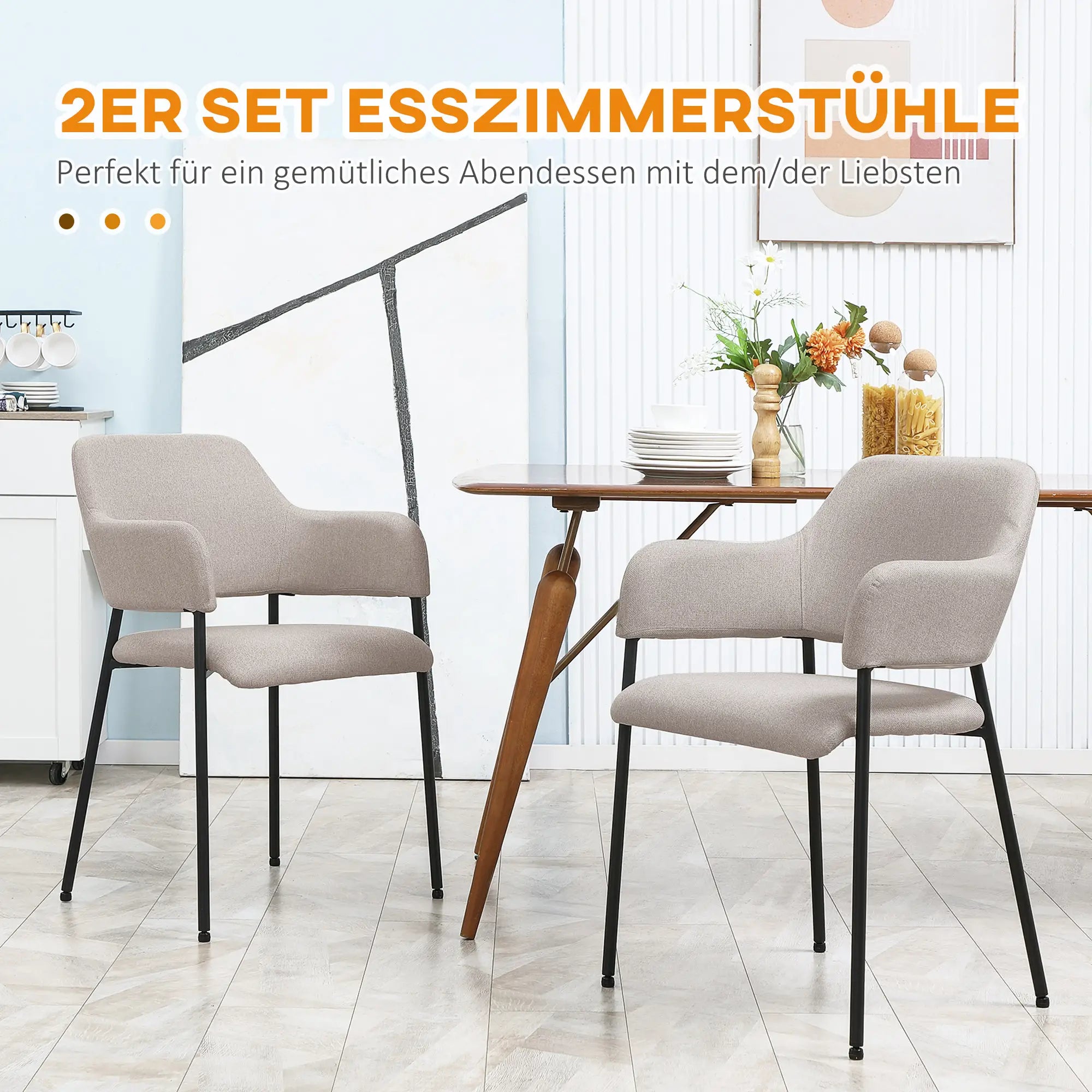 HOMCOM Esszimmerstühle, 2er-Set, bequem, Leinenoptik, Metallrahmen, bis 120 kg, Beige