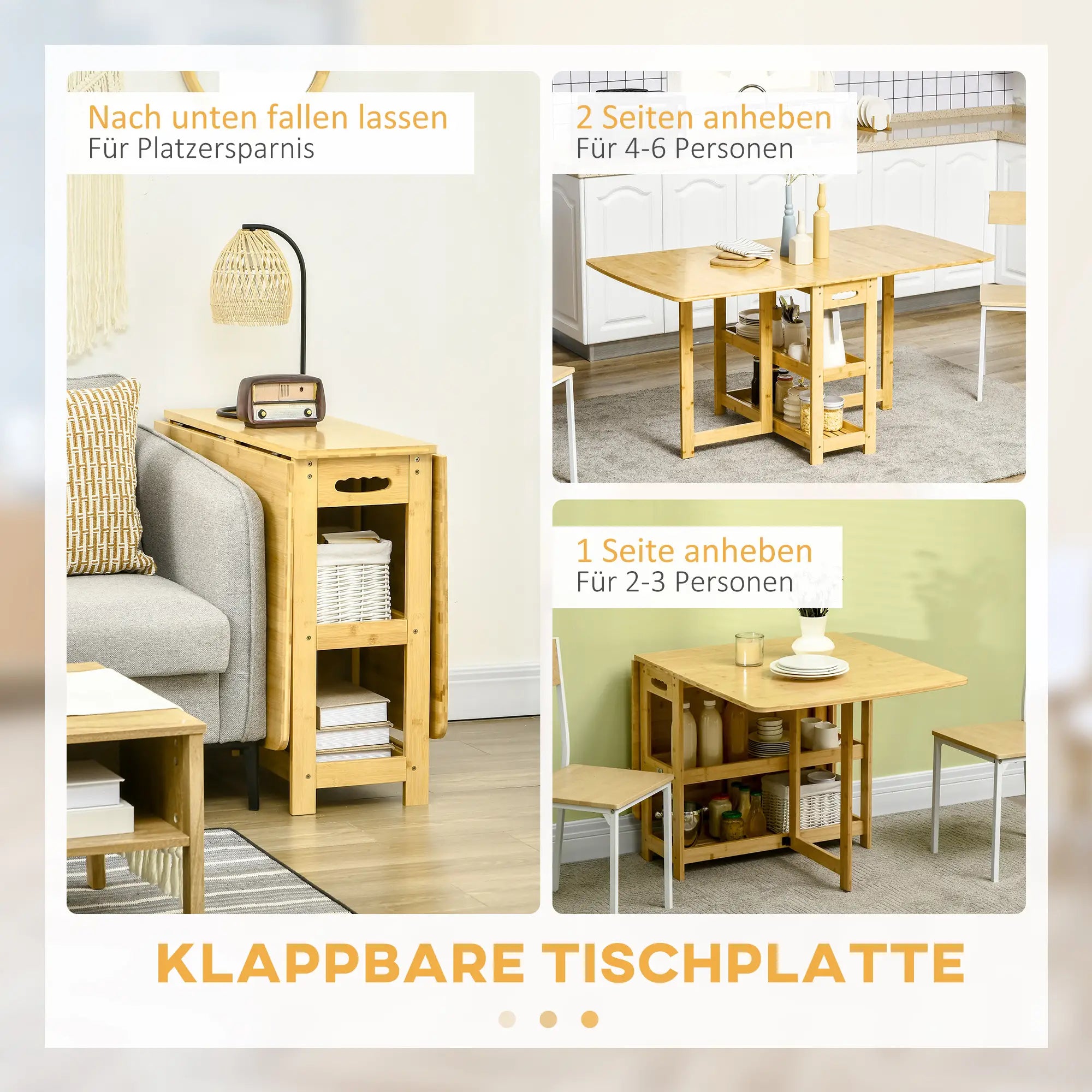 HOMCOM Klapptisch, Esstisch, zwei klappbare Seiten, zwei Ablagen, verstellbare Füße, Bambus, 149,5 x 80 x 73,5cm